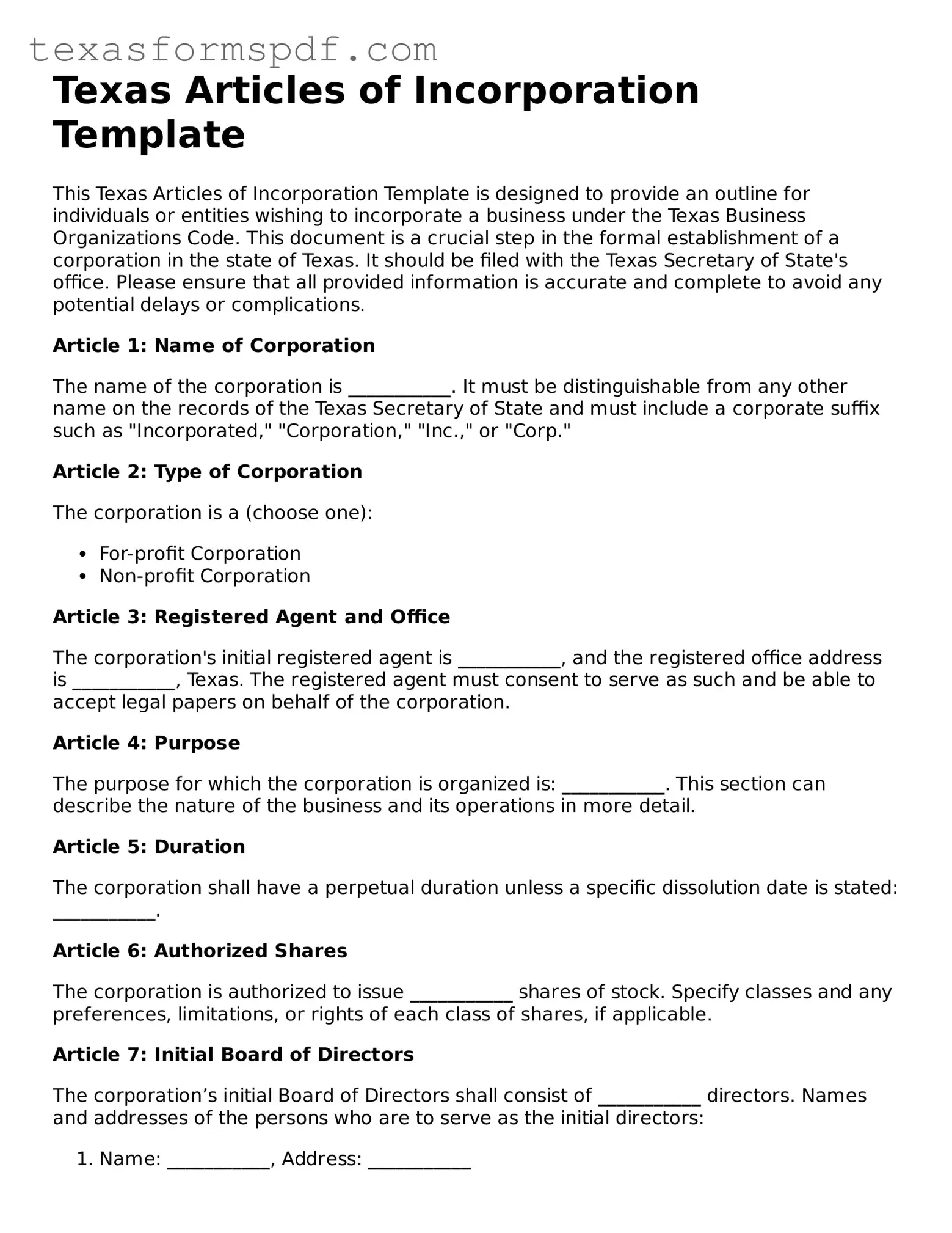 Legal Articles of Incorporation Document for the State of Texas