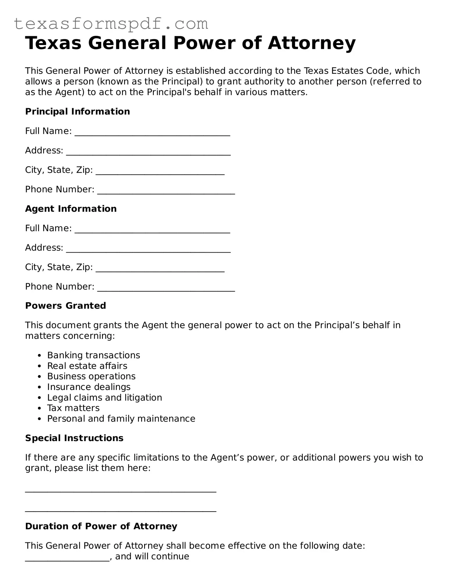 Legal General Power of Attorney Document for the State of Texas