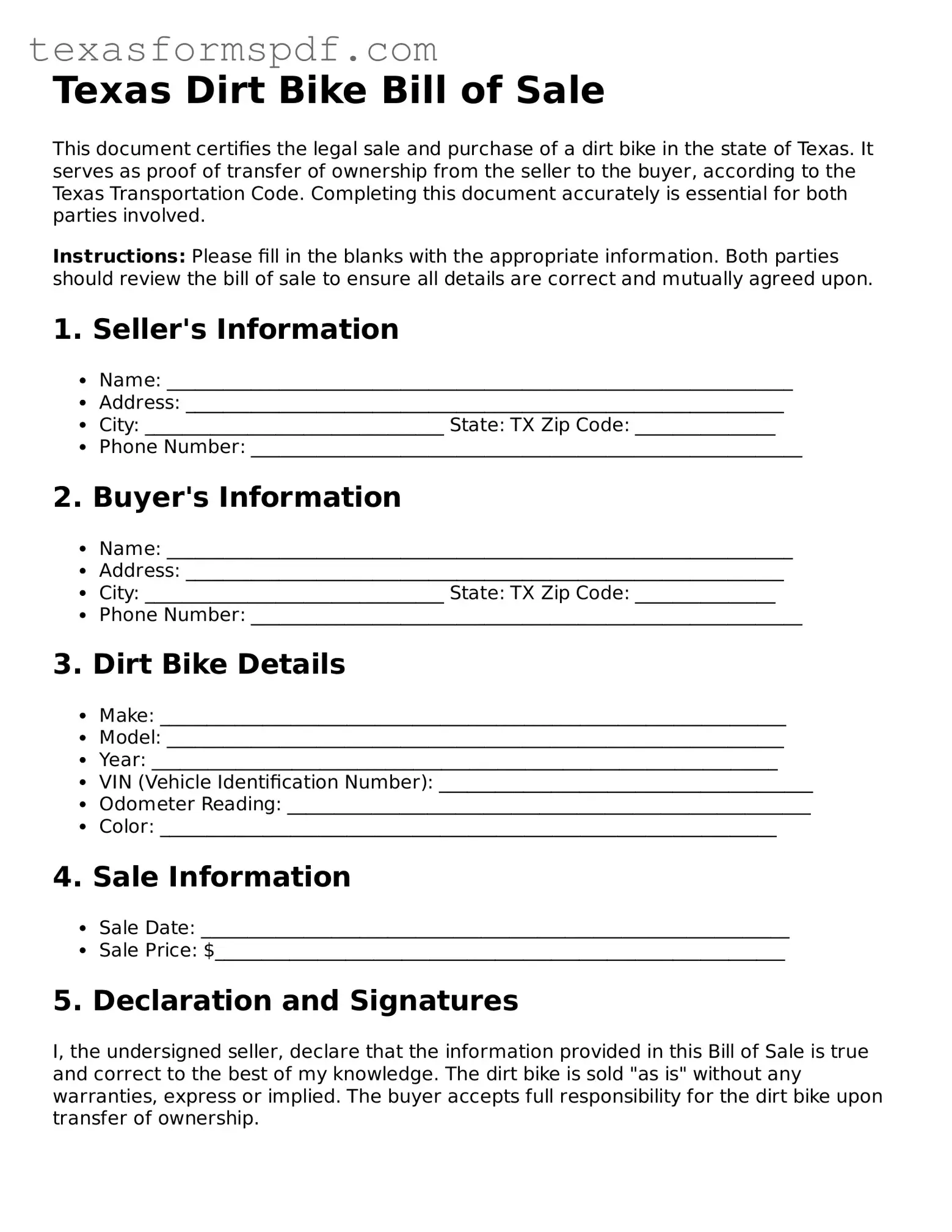 Legal Dirt Bike Bill of Sale Document for the State of Texas