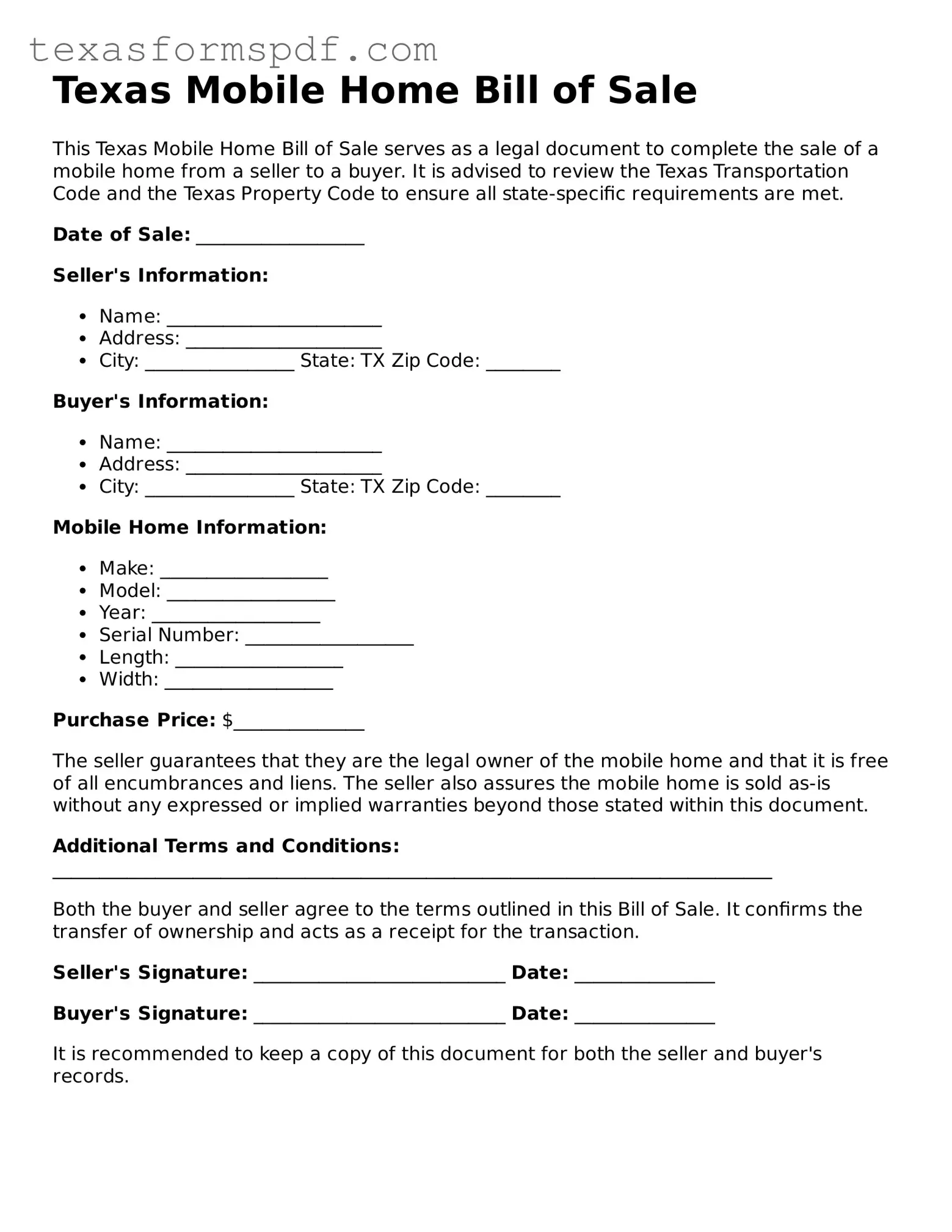 Legal Mobile Home Bill of Sale Document for the State of Texas