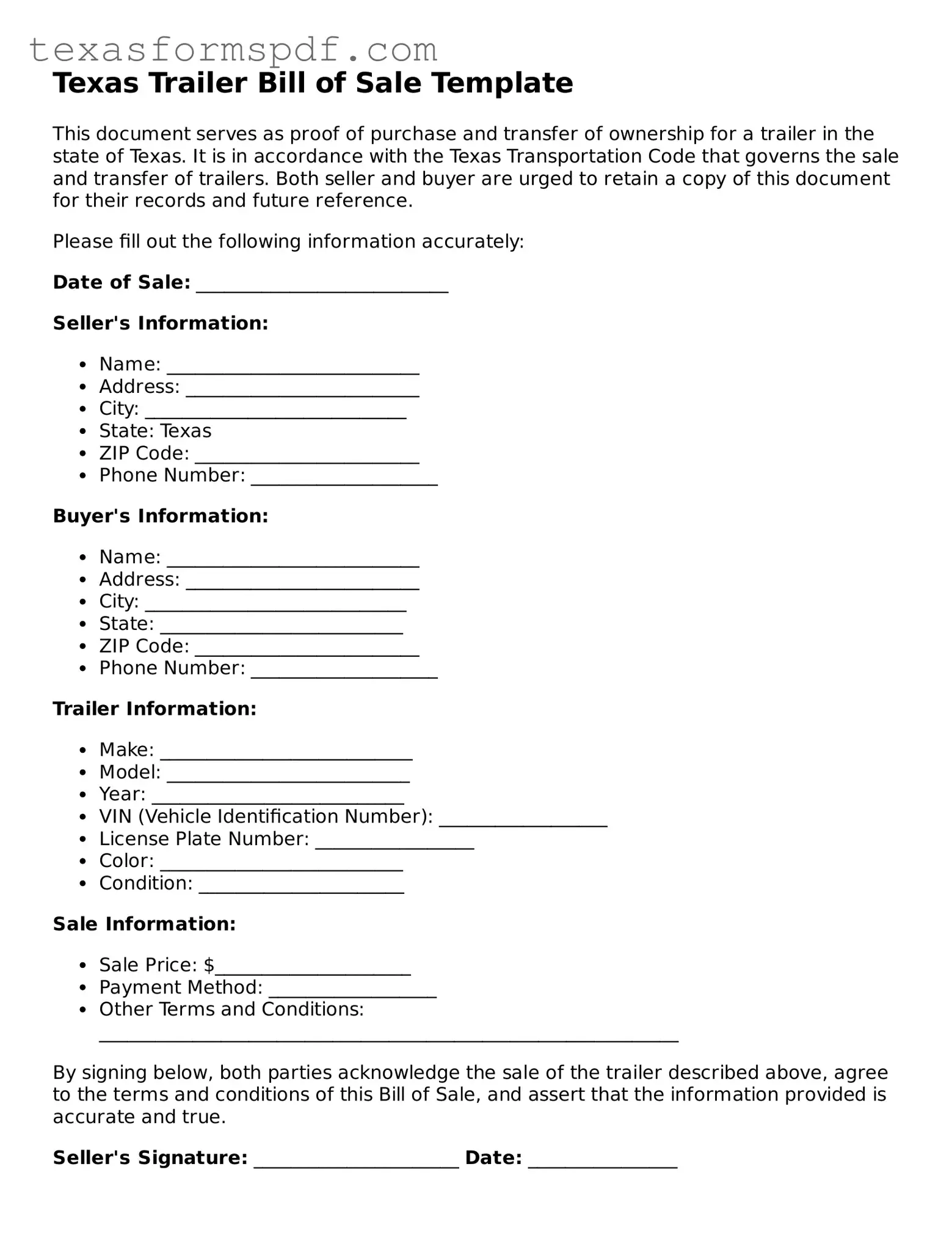 Legal Trailer Bill of Sale Document for the State of Texas