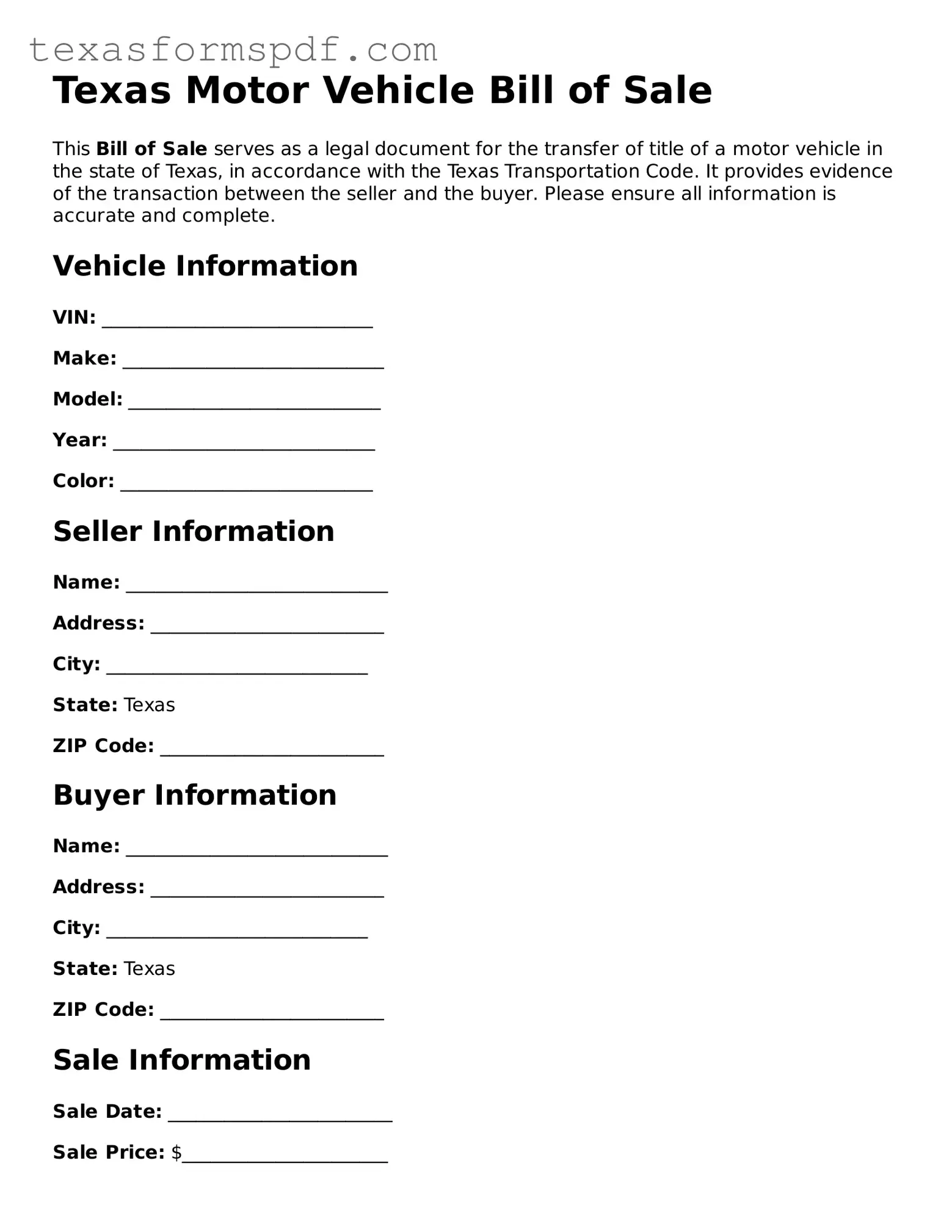 Legal Motor Vehicle Bill of Sale Document for the State of Texas