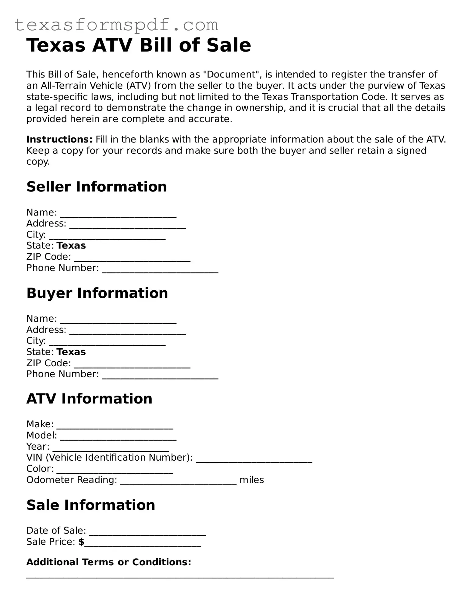 Legal ATV Bill of Sale Document for the State of Texas