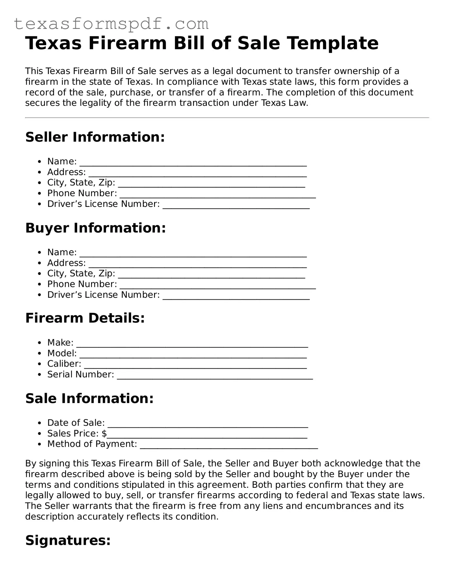 Legal Firearm Bill of Sale Document for the State of Texas