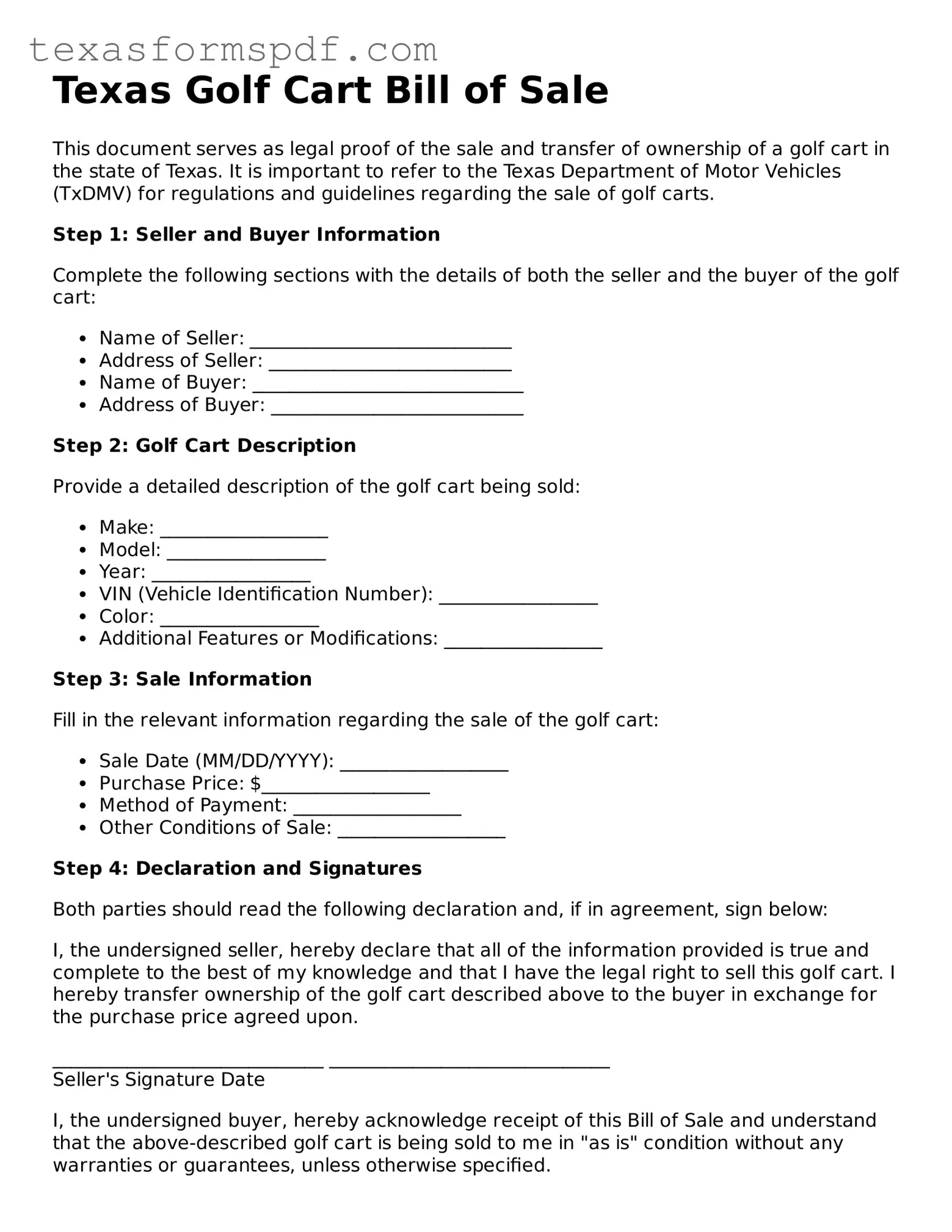 Legal Golf Cart Bill of Sale Document for the State of Texas