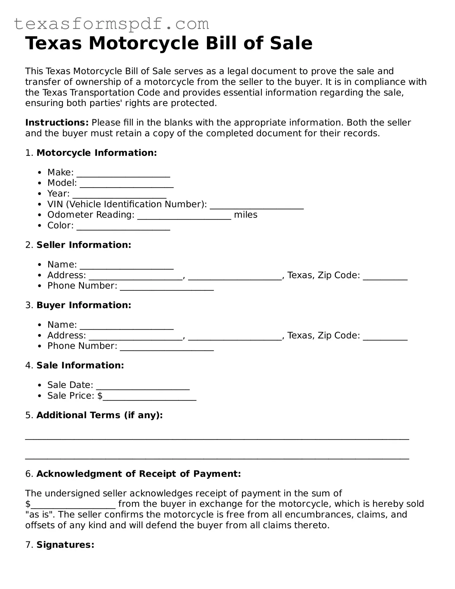 Legal Motorcycle Bill of Sale Document for the State of Texas
