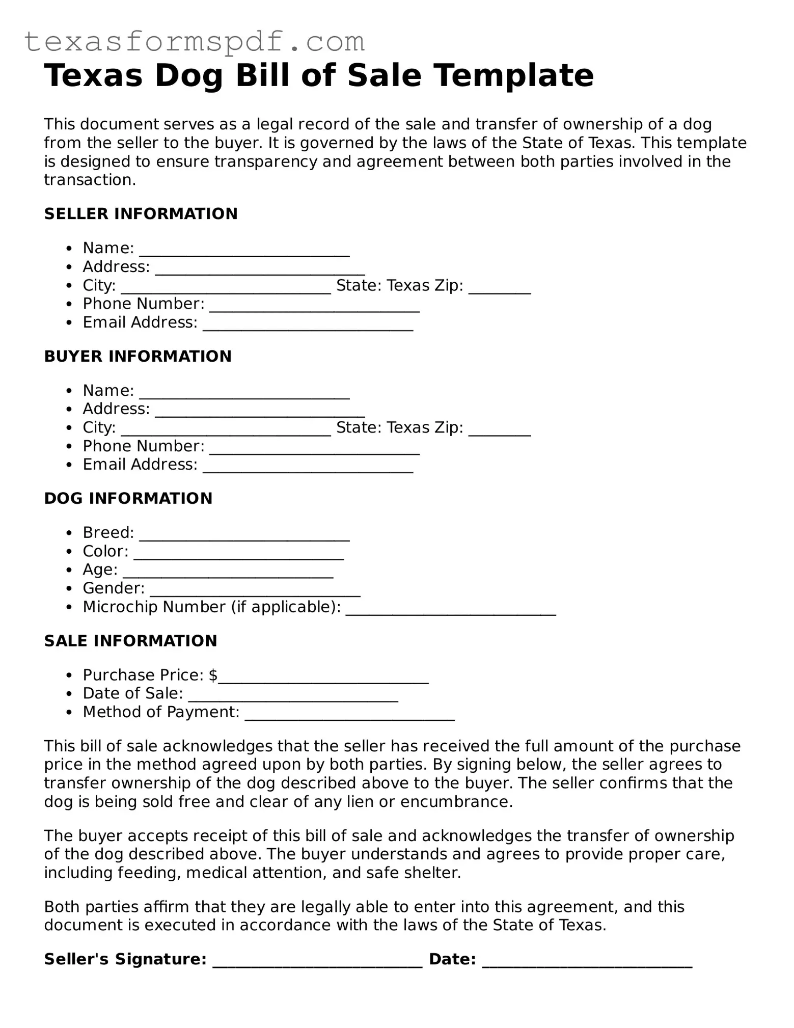 Legal Dog Bill of Sale Document for the State of Texas