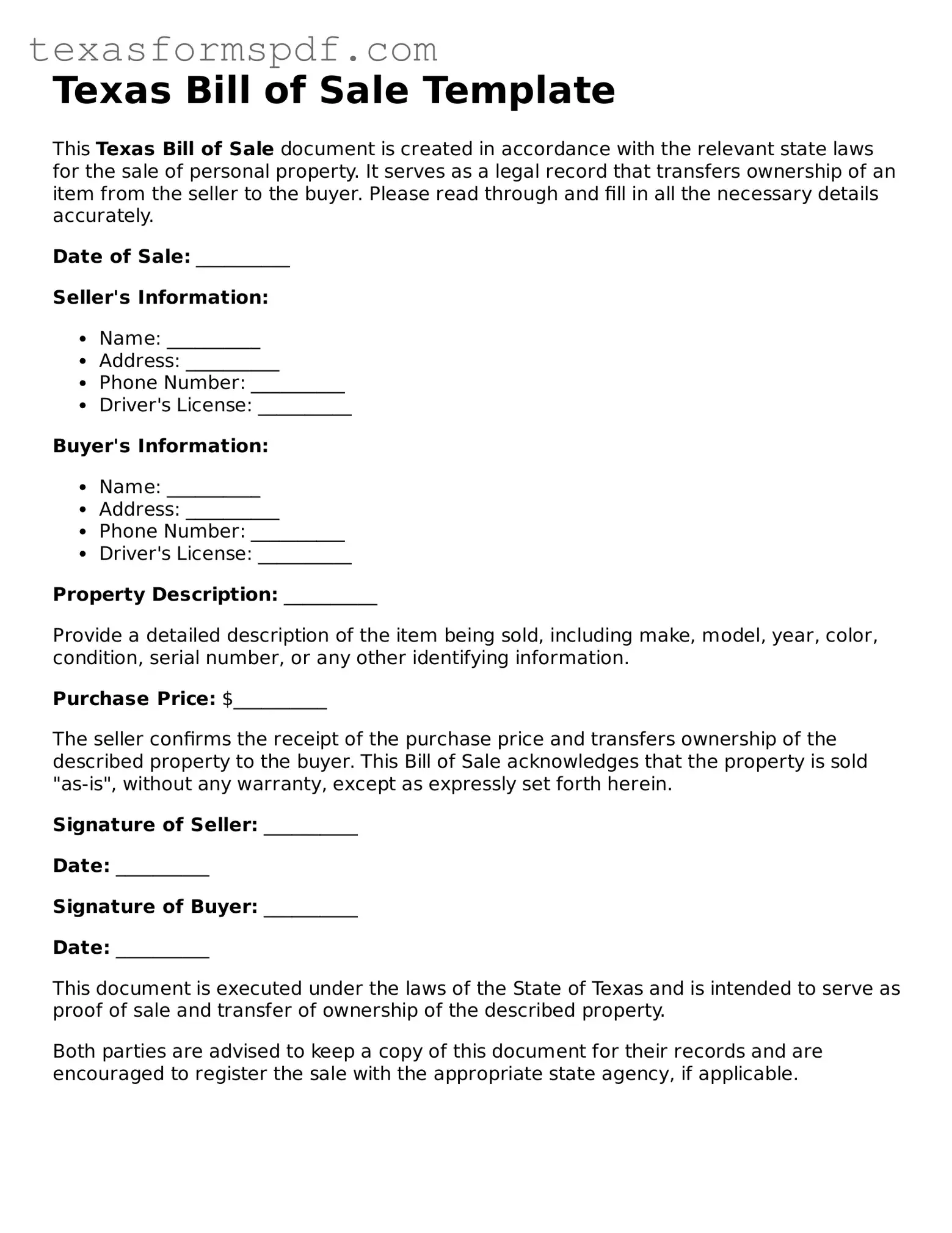 Legal Bill of Sale Document for the State of Texas
