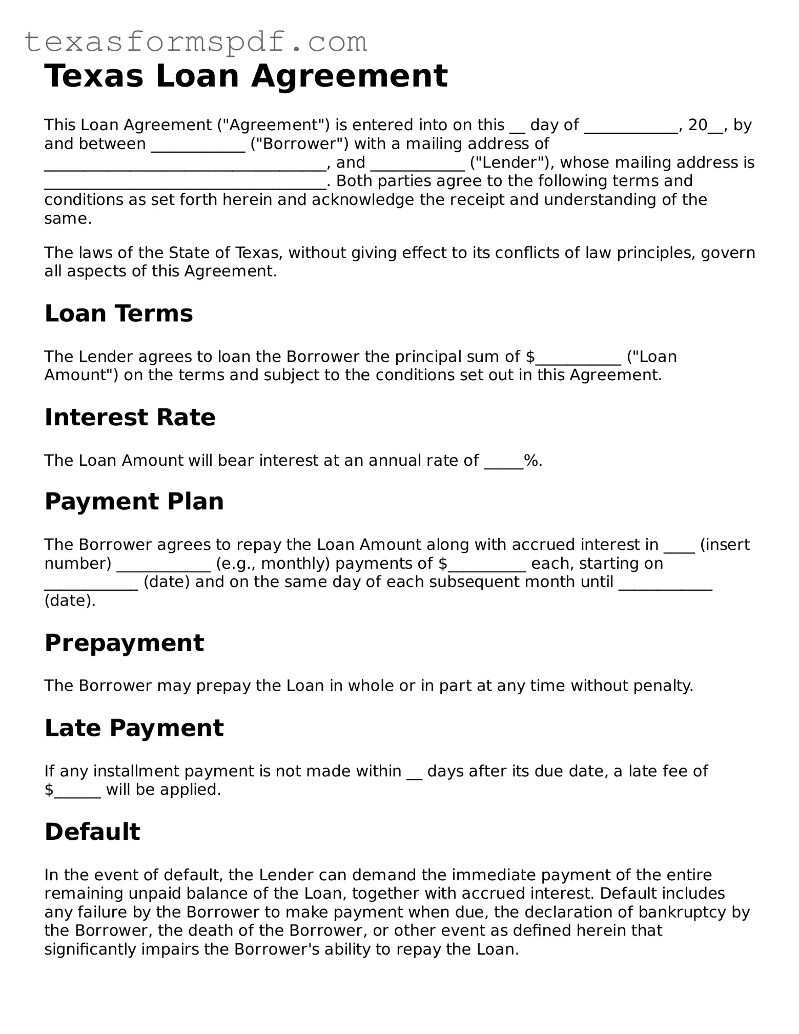 Legal Loan Agreement Document for the State of Texas