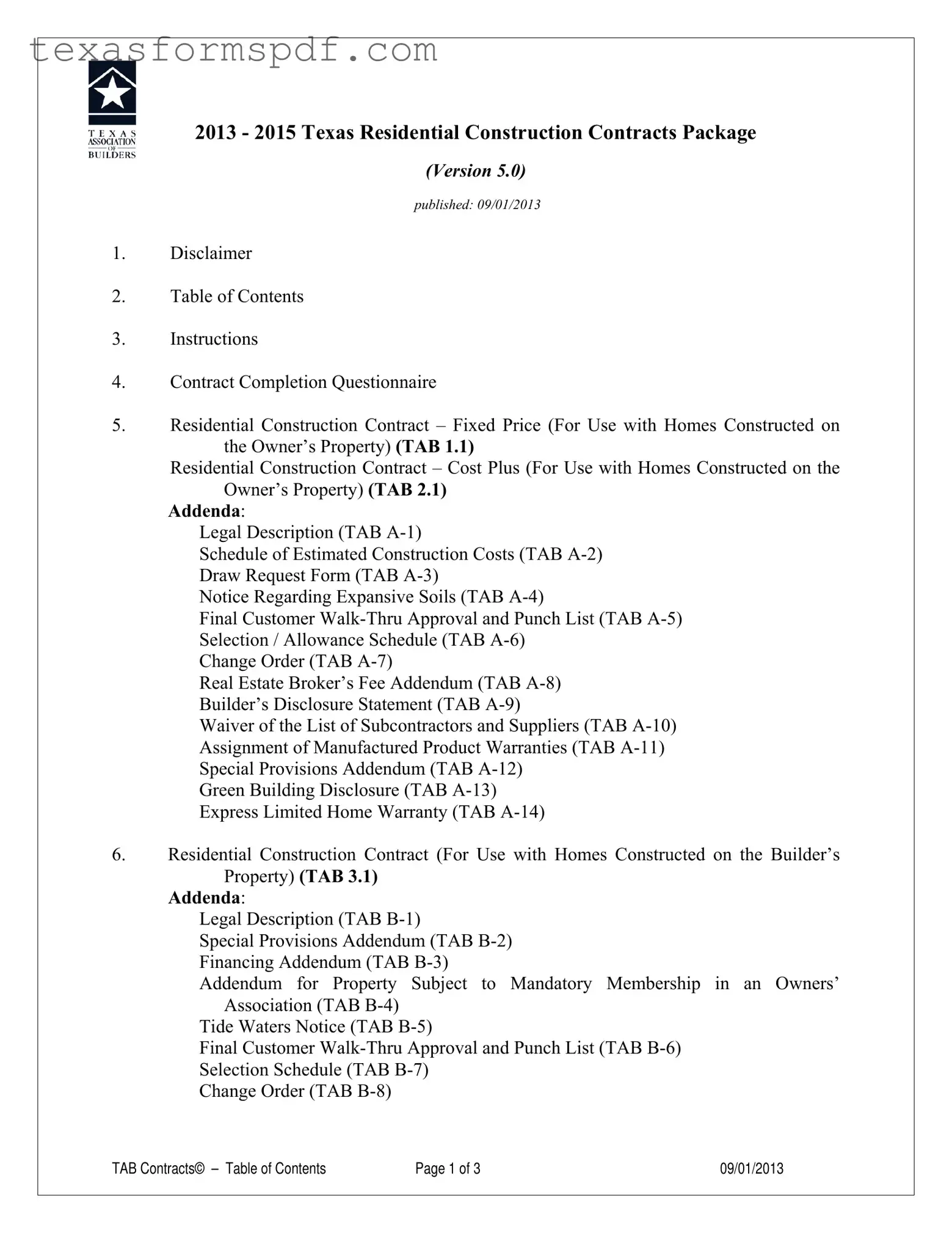 Texas Builders Association Fixed Cost Form in PDF