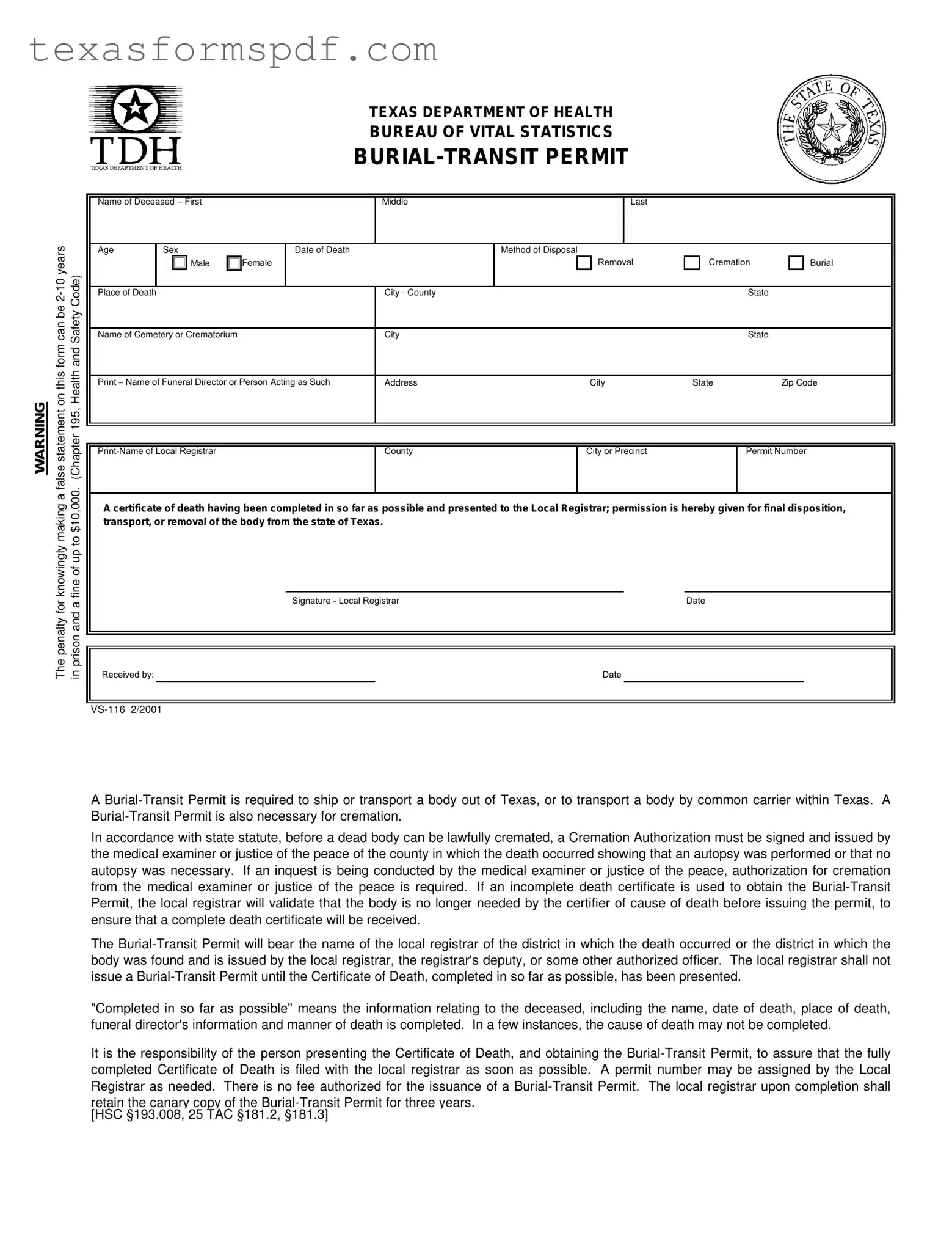 Texas Burial Transit Permit Form in PDF