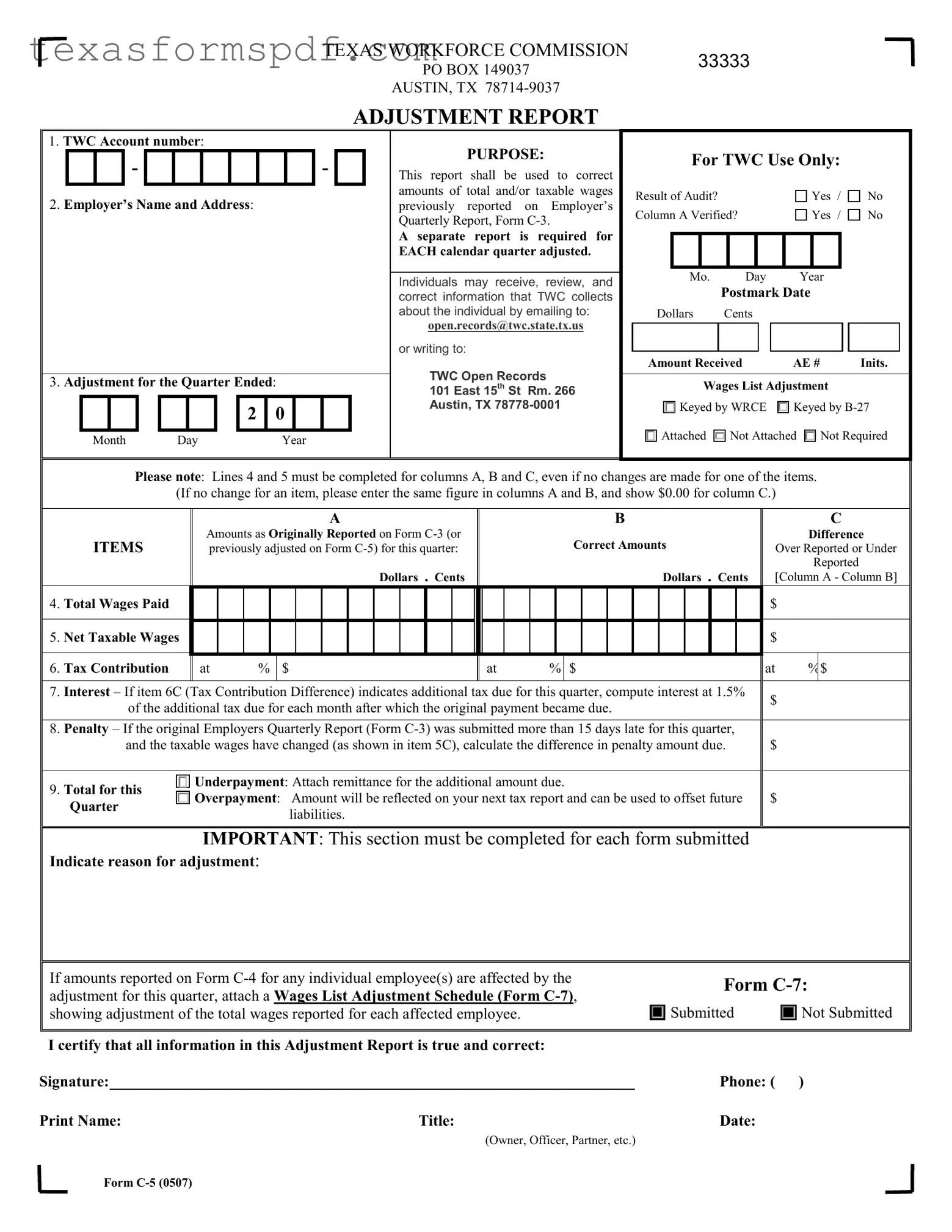 Texas C 5 Form in PDF