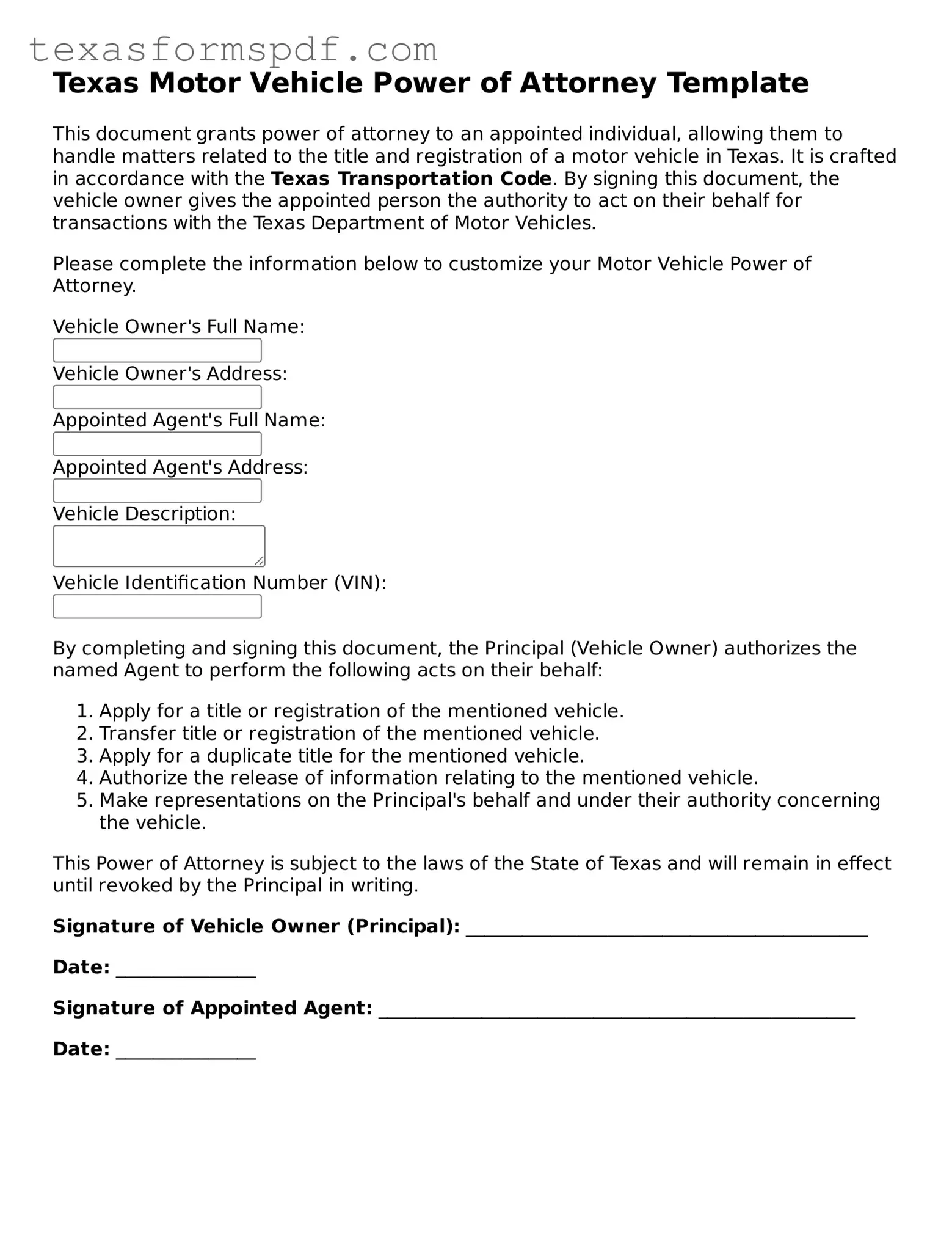 Legal Motor Vehicle Power of Attorney Document for the State of Texas
