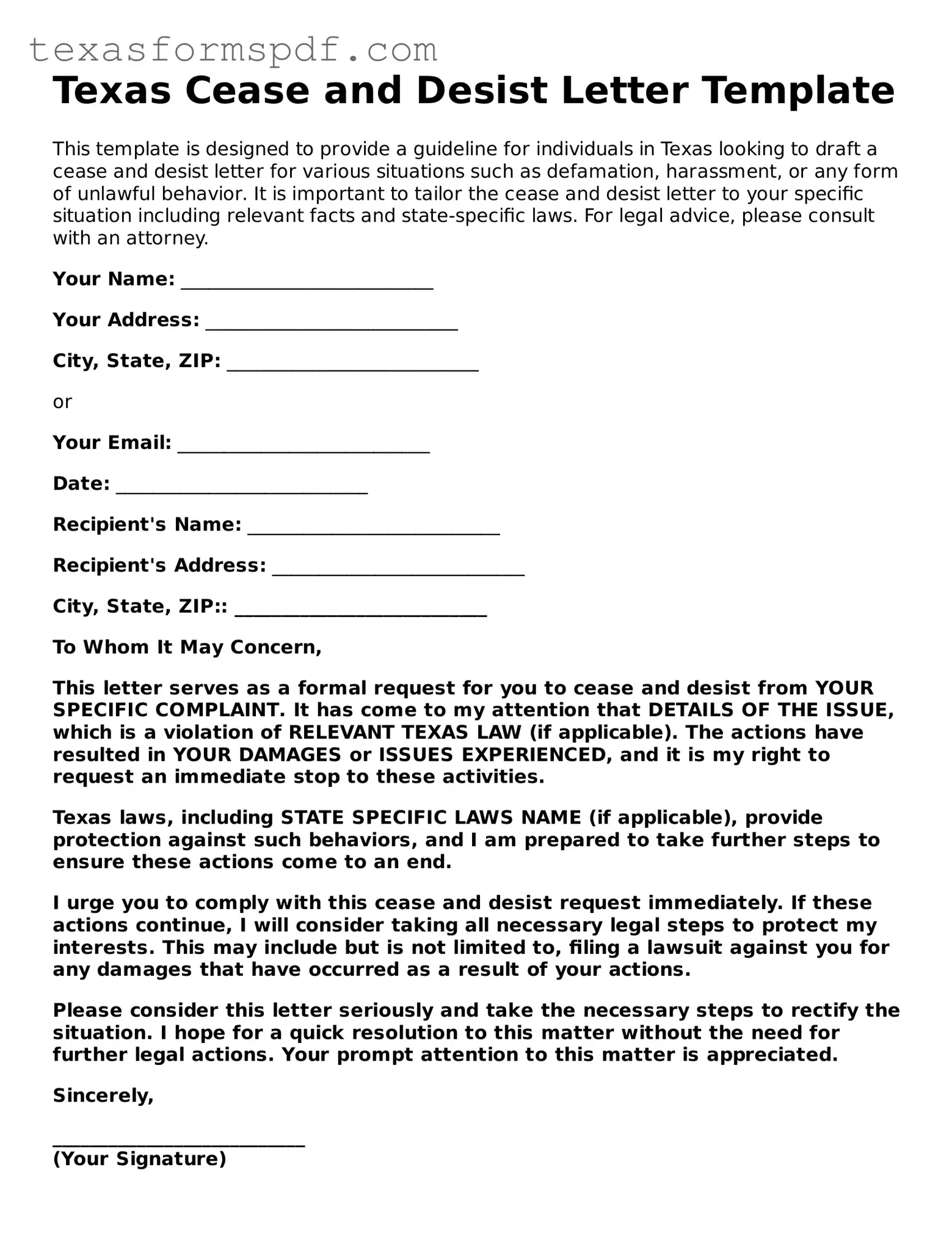 Legal Cease and Desist Letter Document for the State of Texas