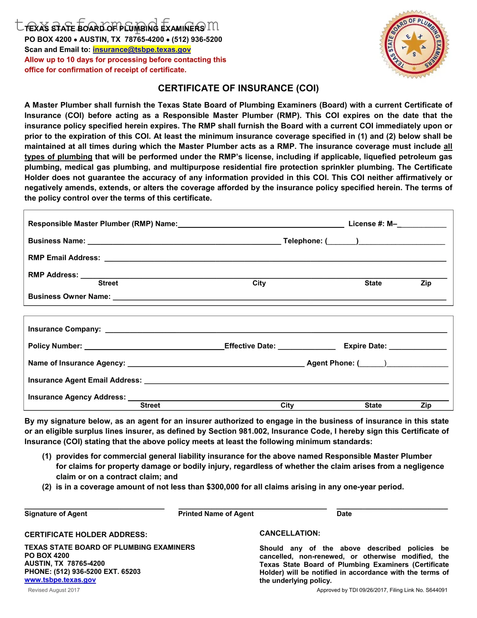 Texas Certificate Insurance Form in PDF