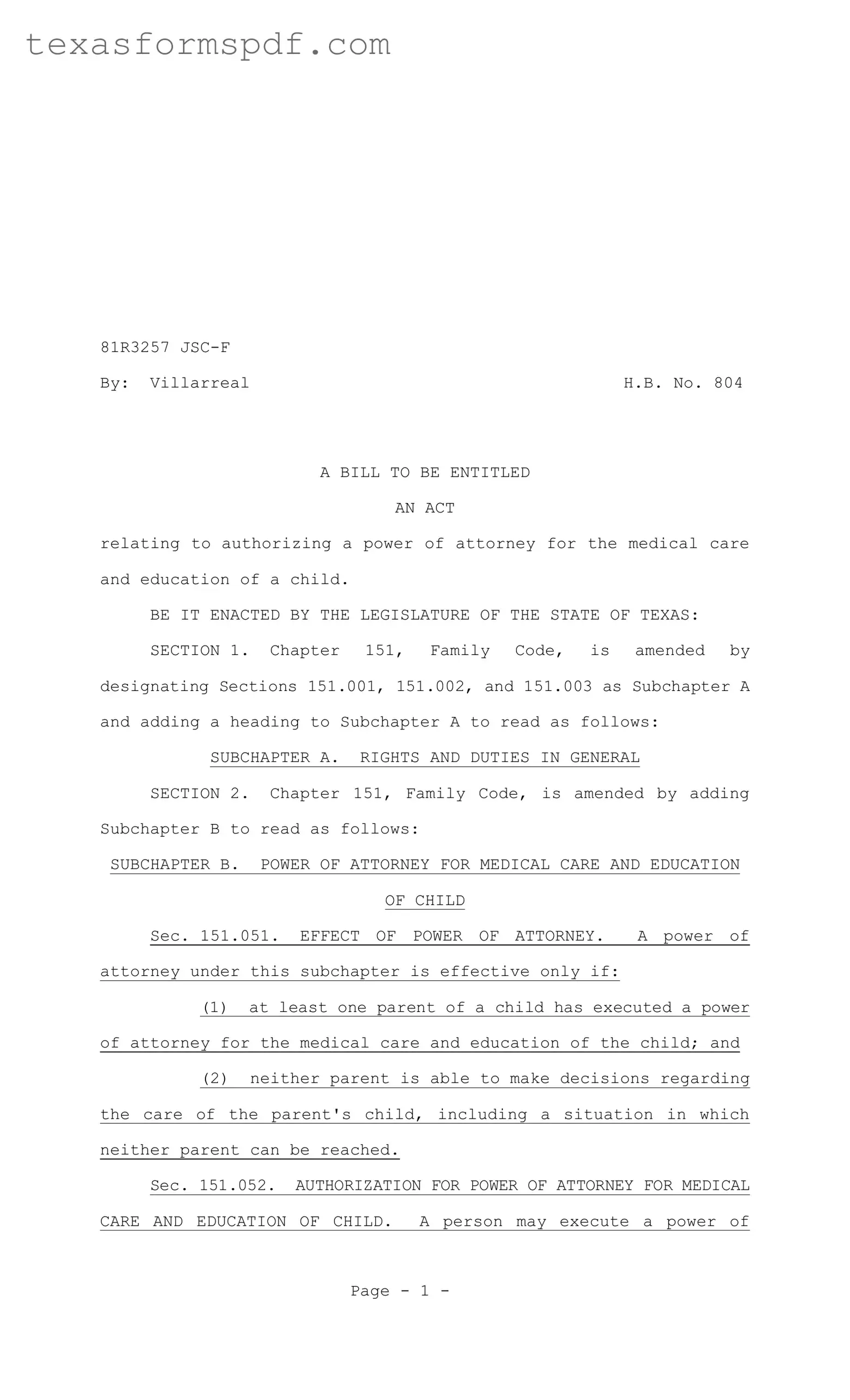 Texas Child Power of Attorney Form in PDF