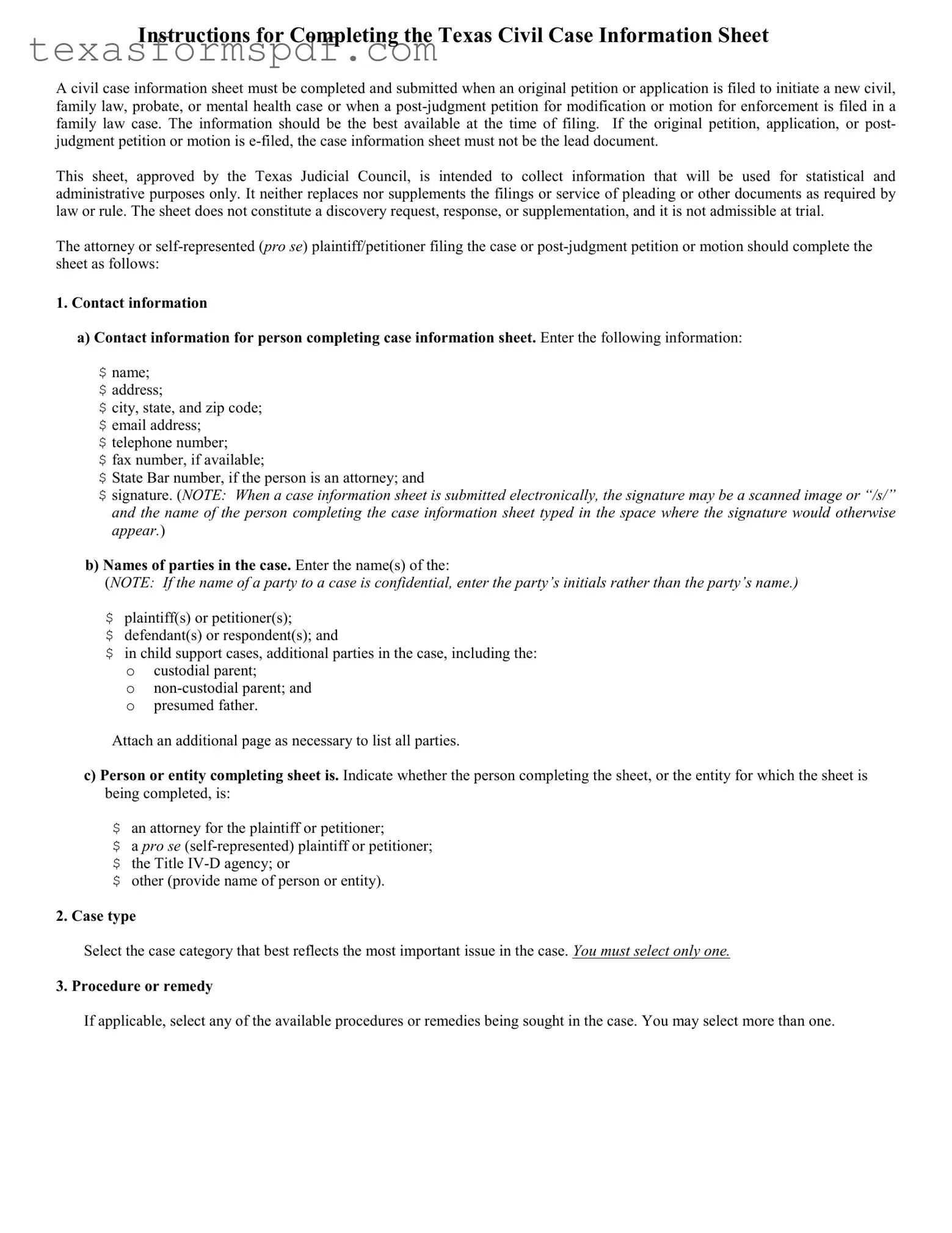 Texas Civil Case Information Sheet Form in PDF