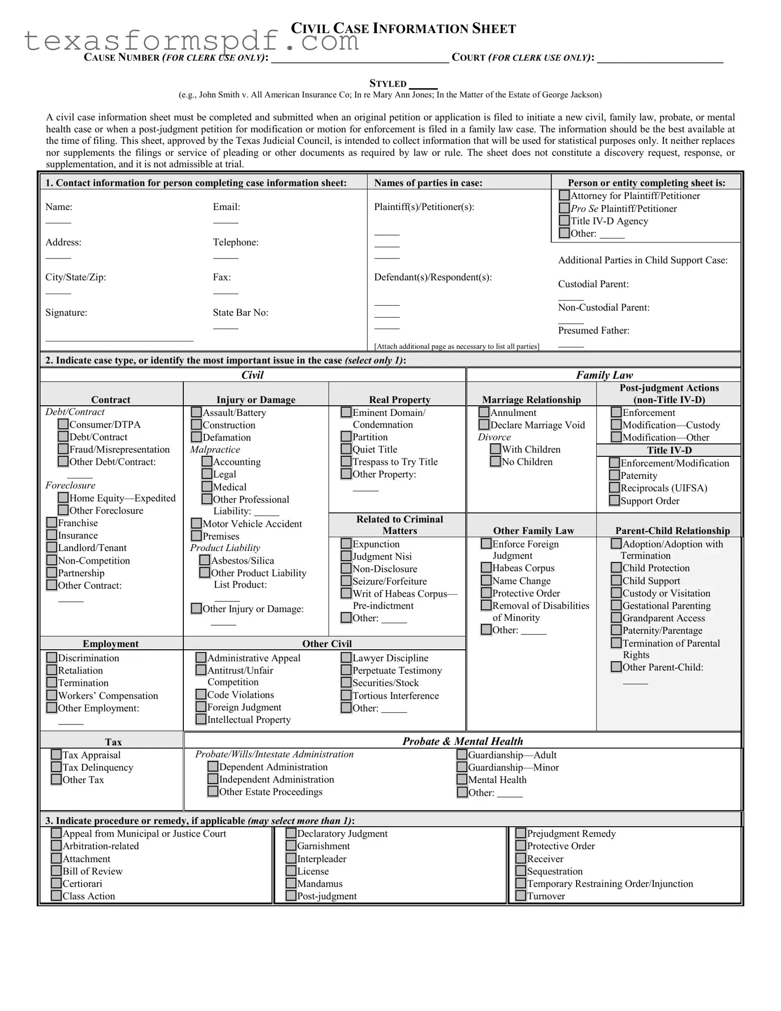 Texas Civil Case Form in PDF