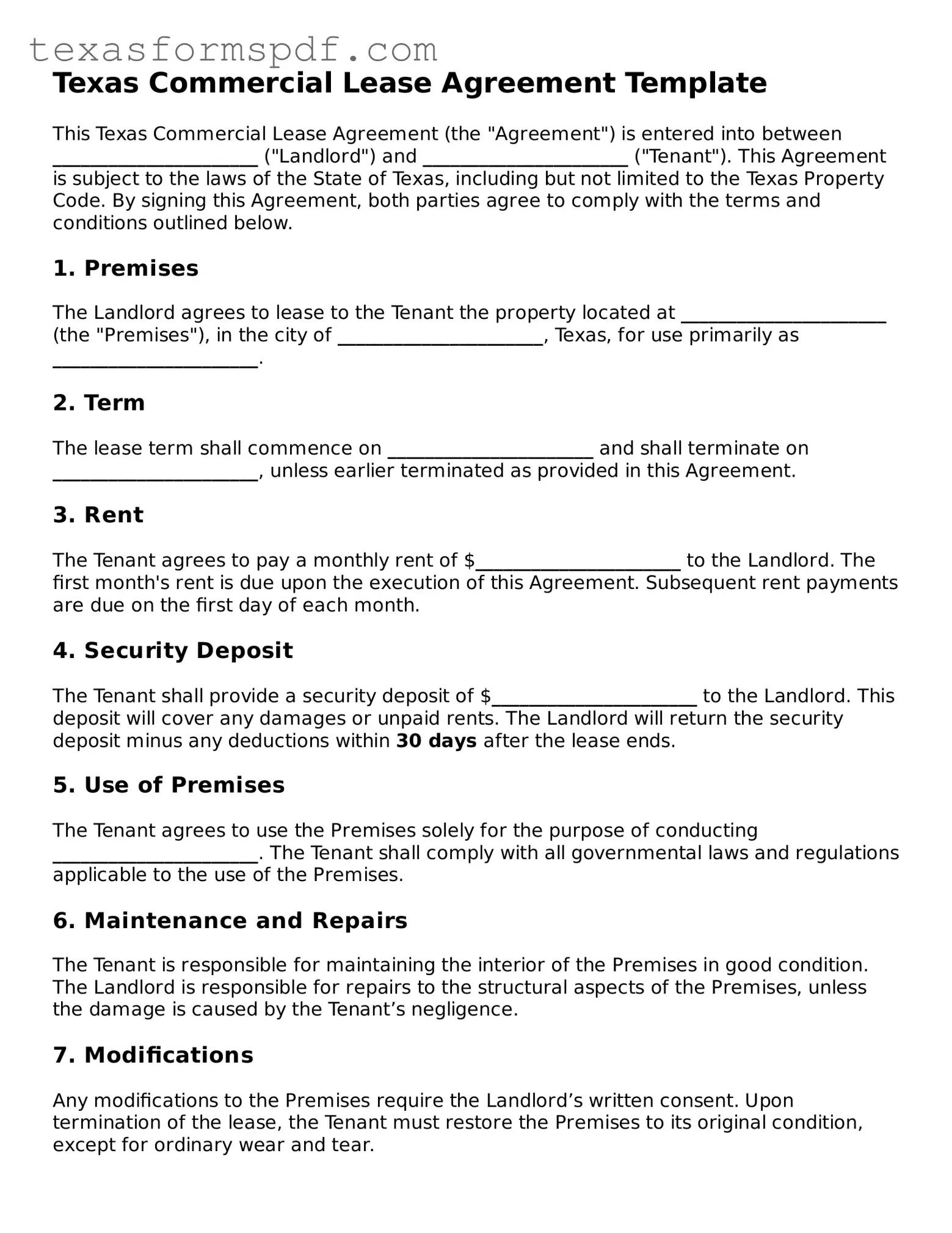 Legal Commercial Lease Agreement Document for the State of Texas
