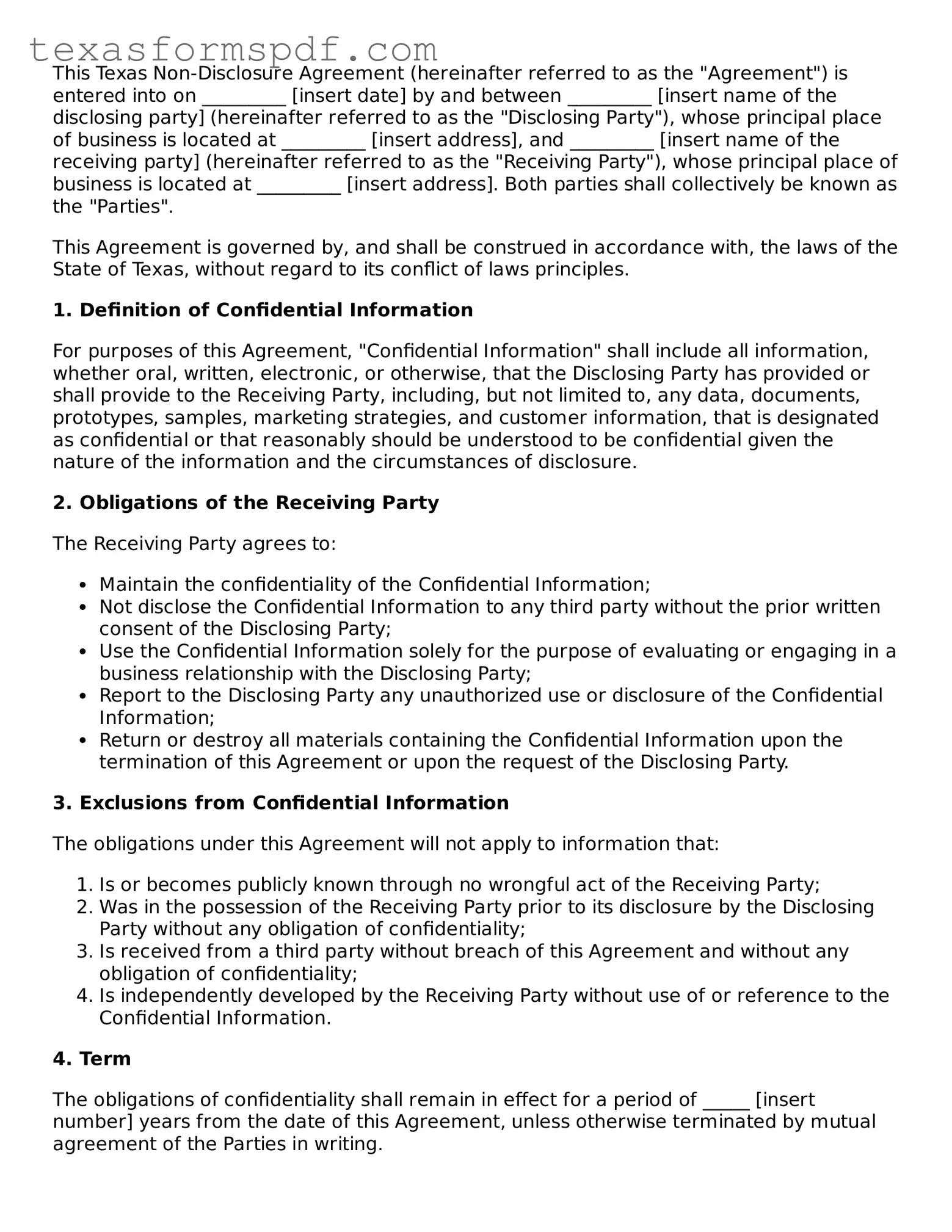 Legal Non-disclosure Agreement Document for the State of Texas