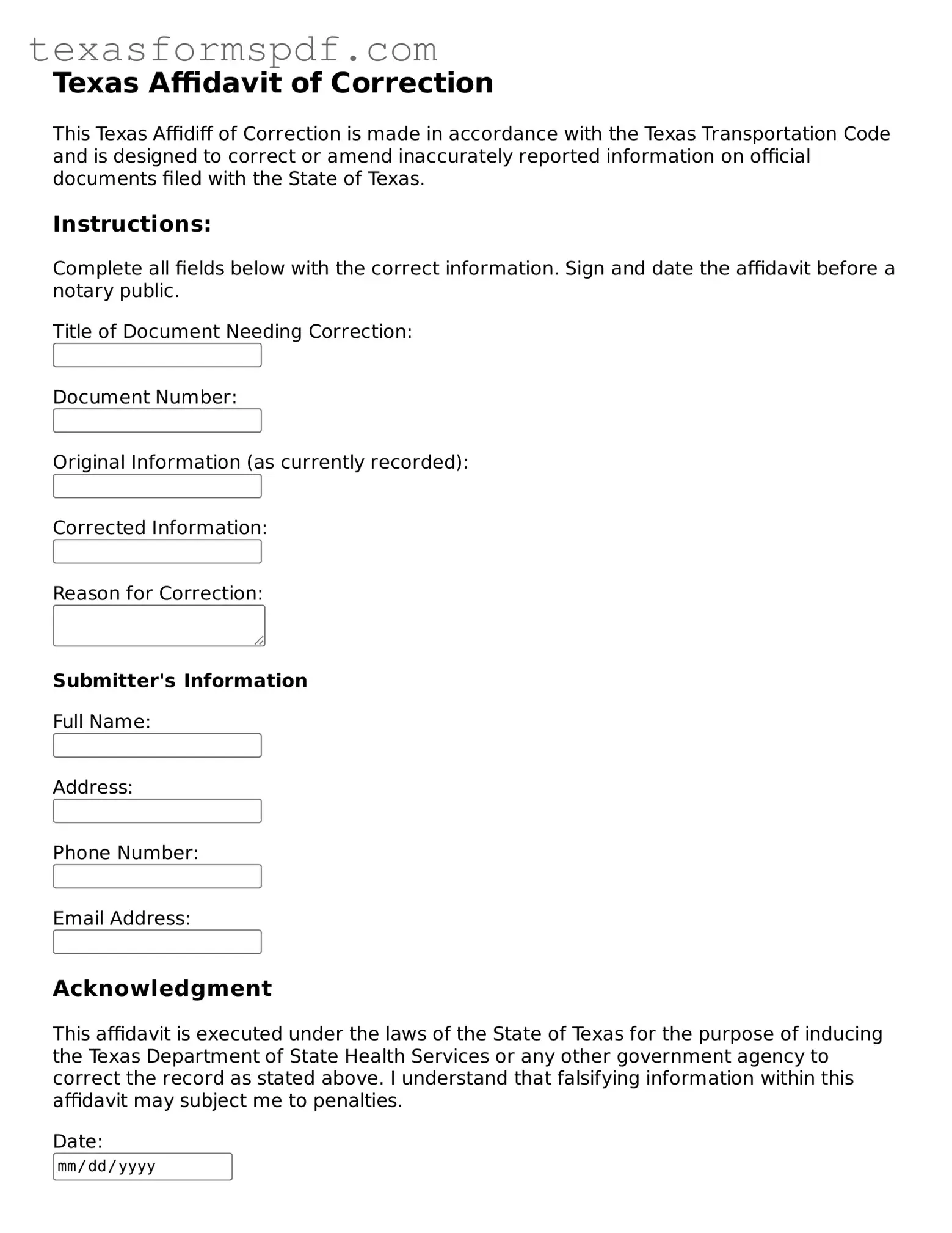 Legal Affidavit of Correction Document for the State of Texas