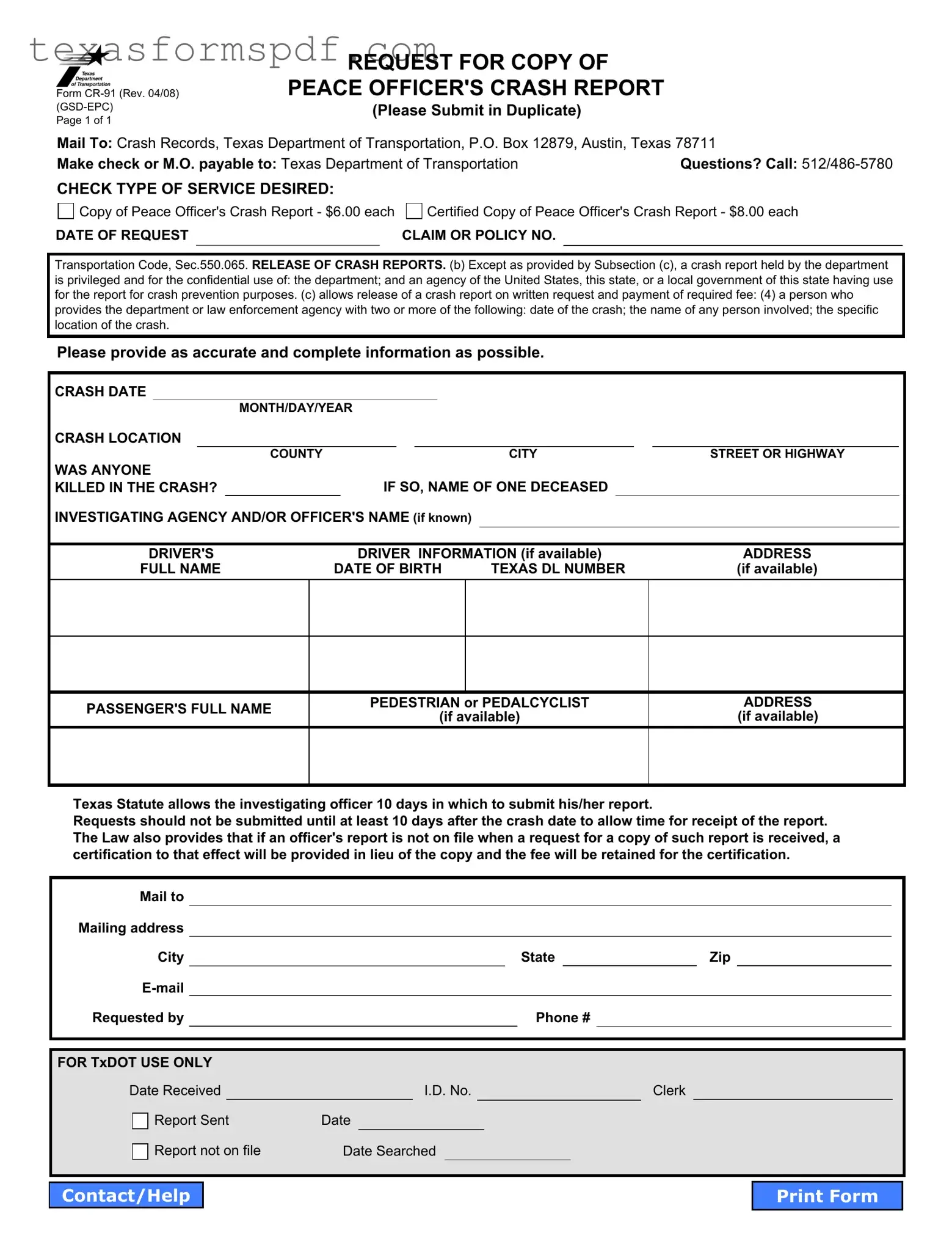 Texas Cr 91 Form in PDF
