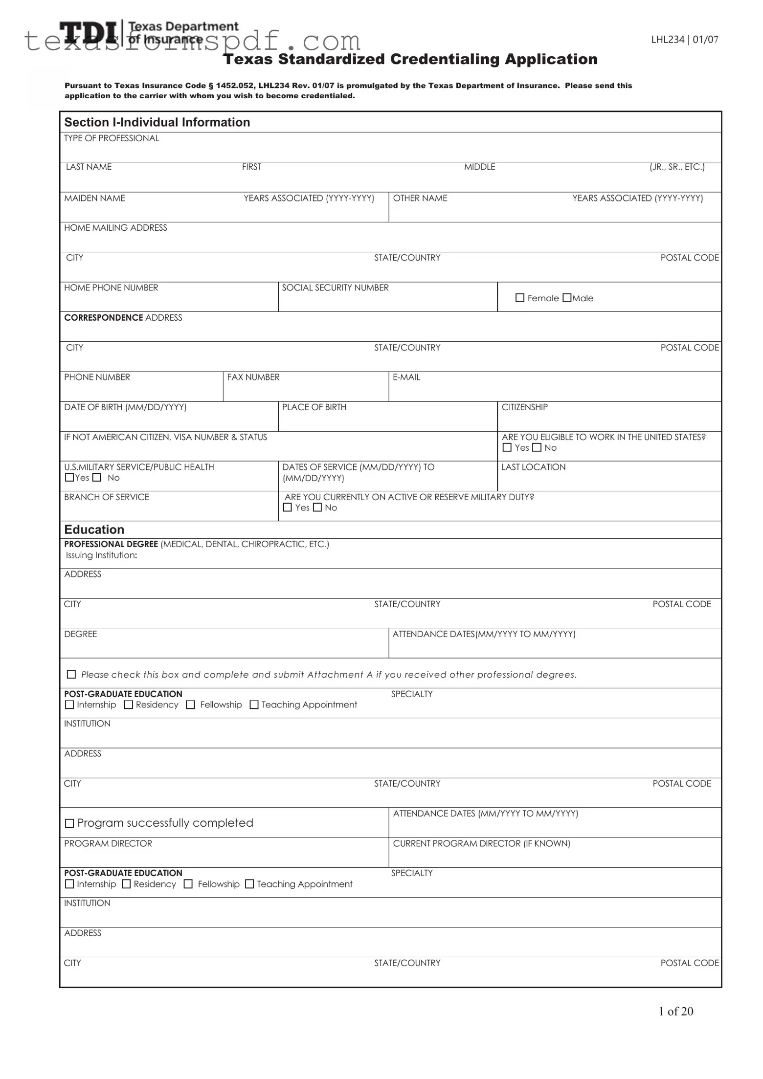 Texas Credentialing Application Form in PDF