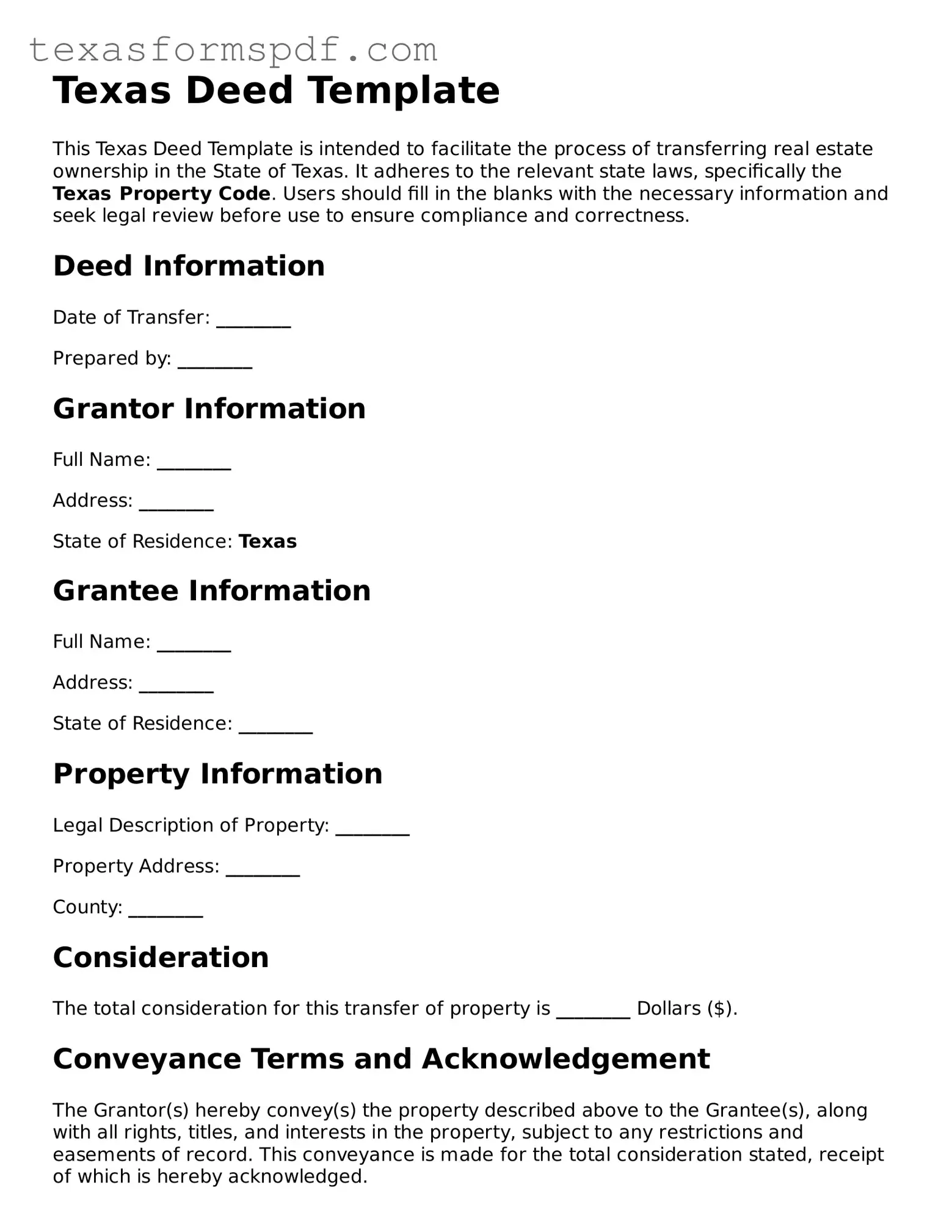 Legal Deed Document for the State of Texas