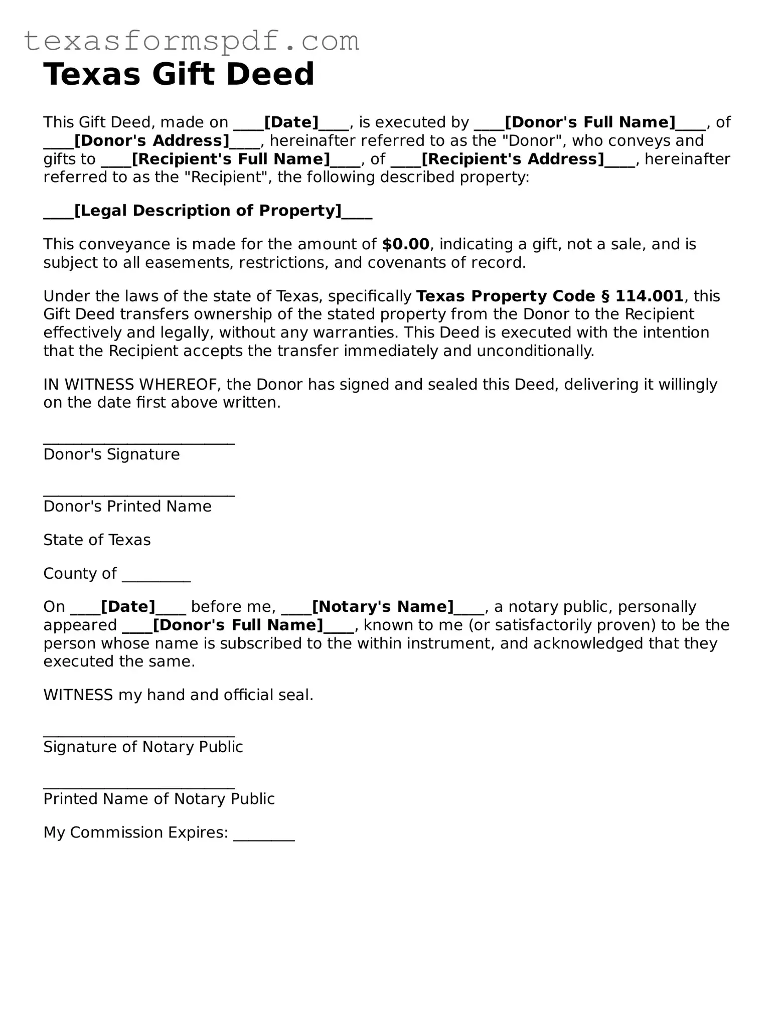 Legal Gift Deed Document for the State of Texas