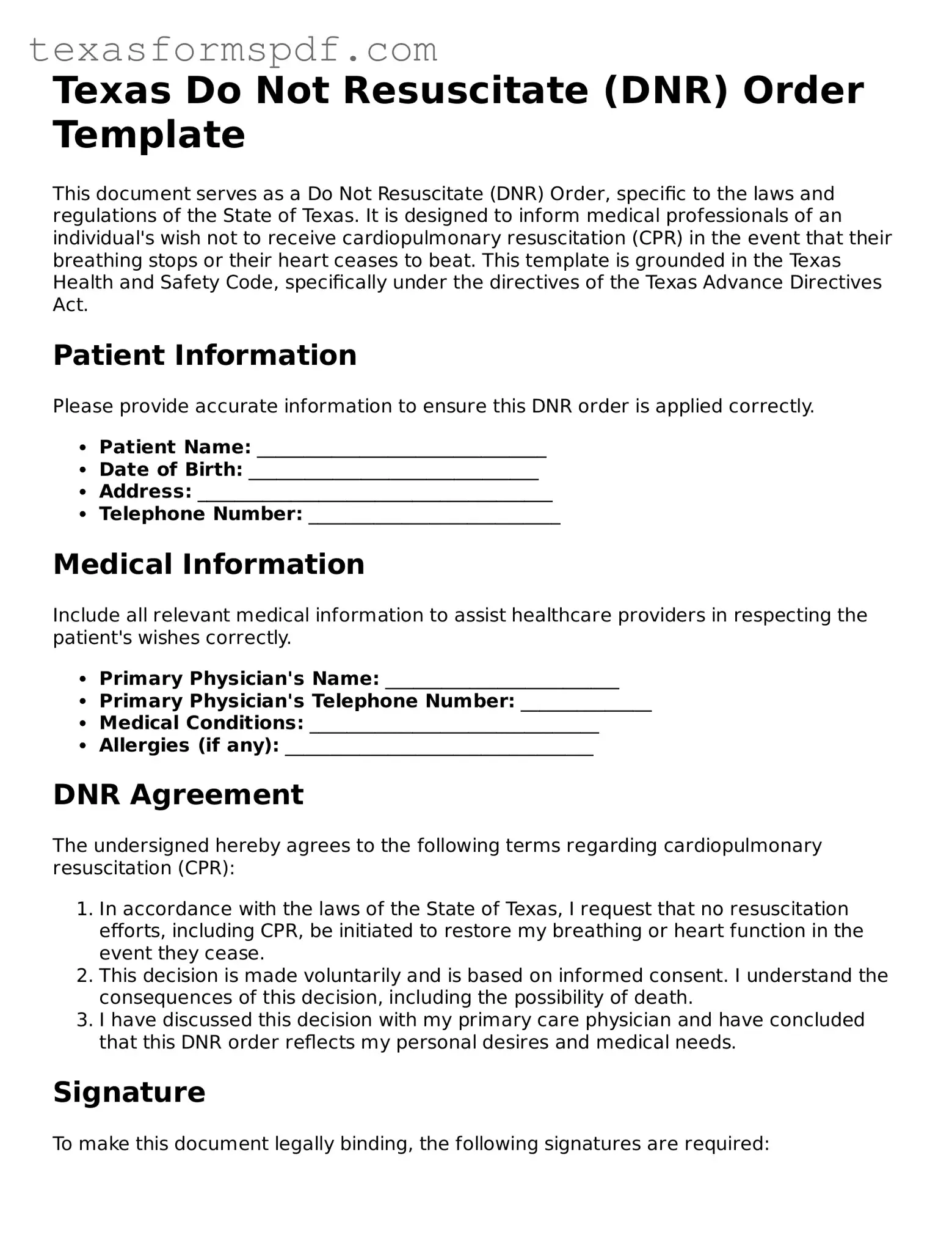 Legal Do Not Resuscitate Order Document for the State of Texas