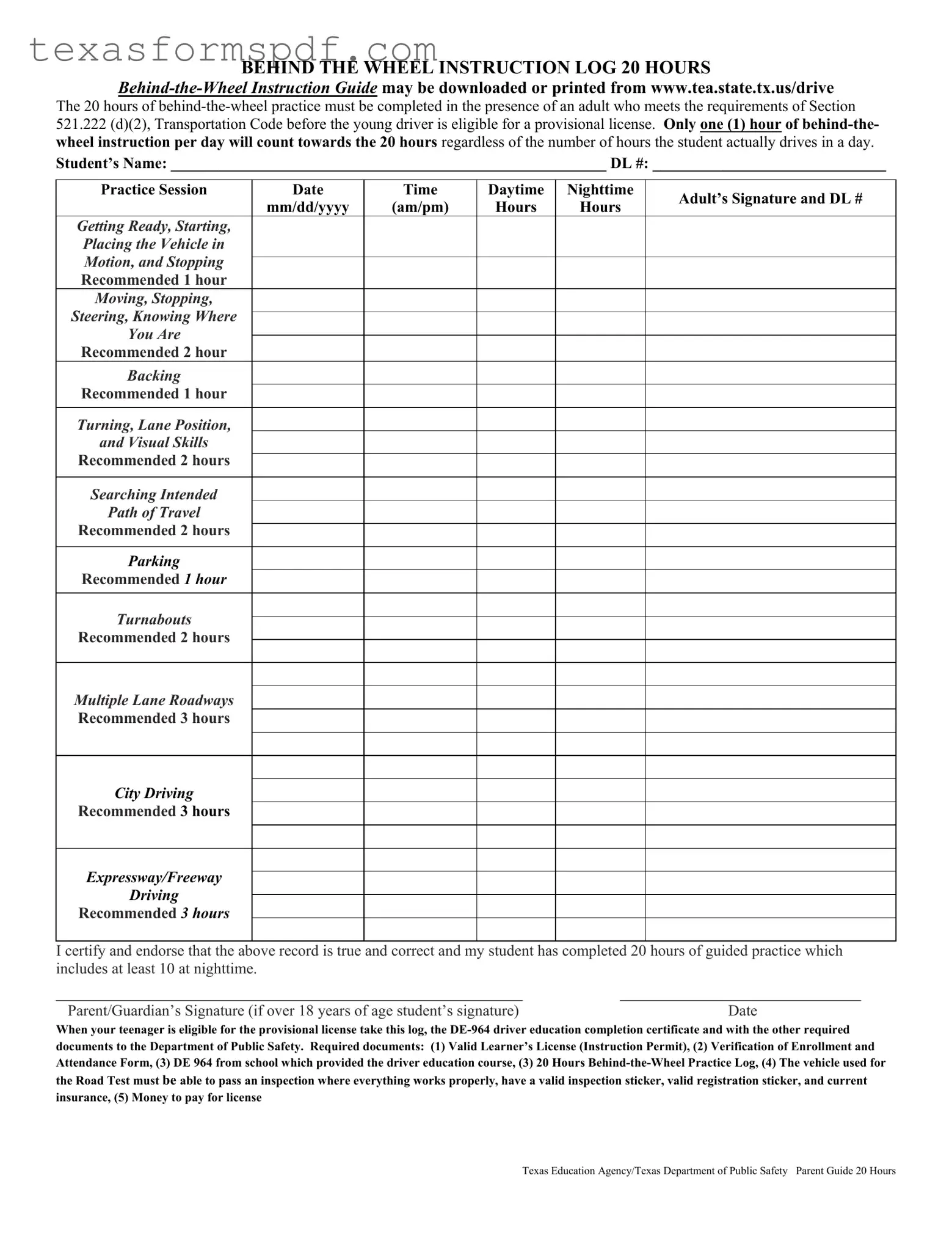 Texas Dps Driving Log Form in PDF