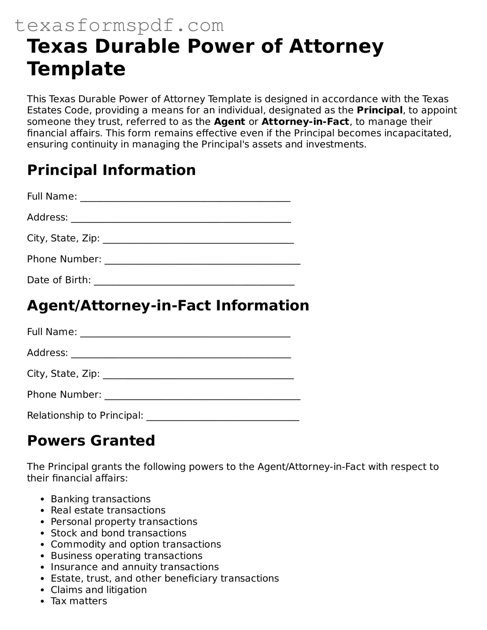 Legal Durable Power of Attorney Document for the State of Texas