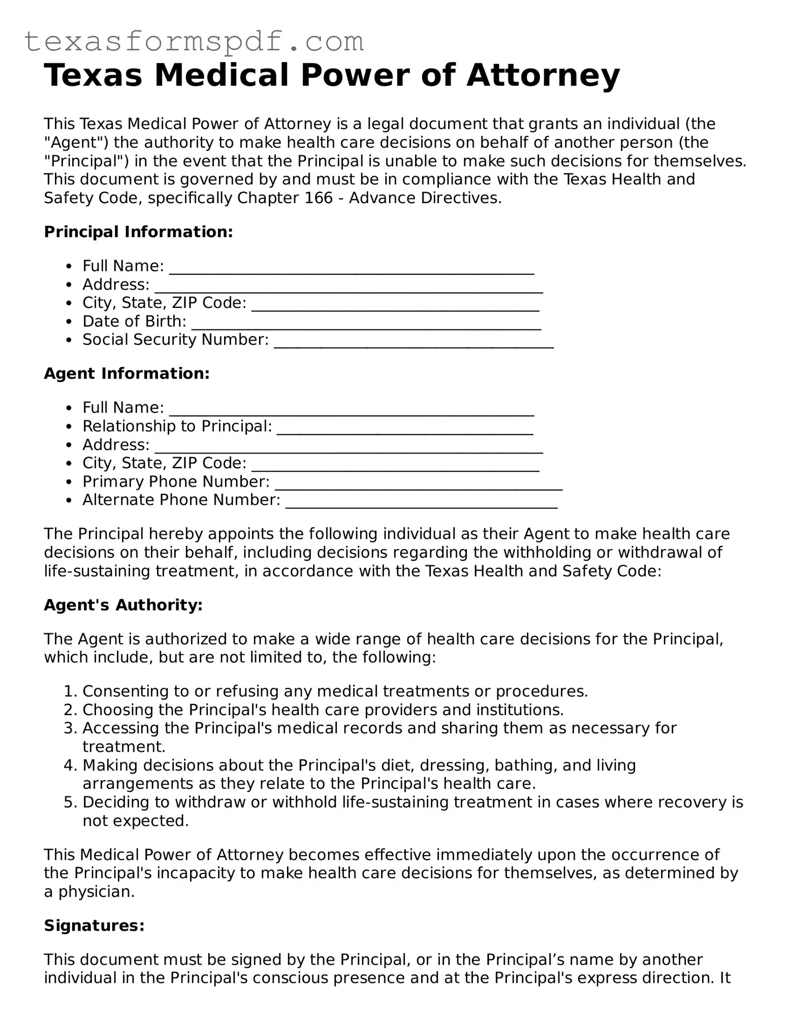 Legal Medical Power of Attorney Document for the State of Texas