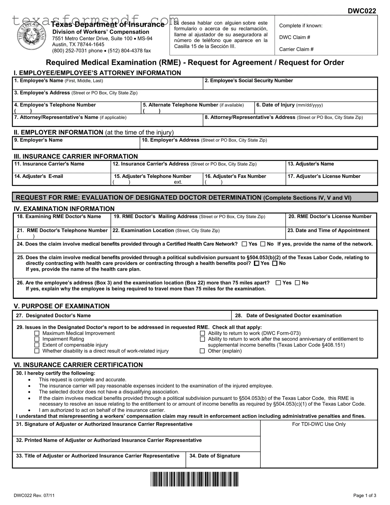 Texas Dwc022 Form in PDF