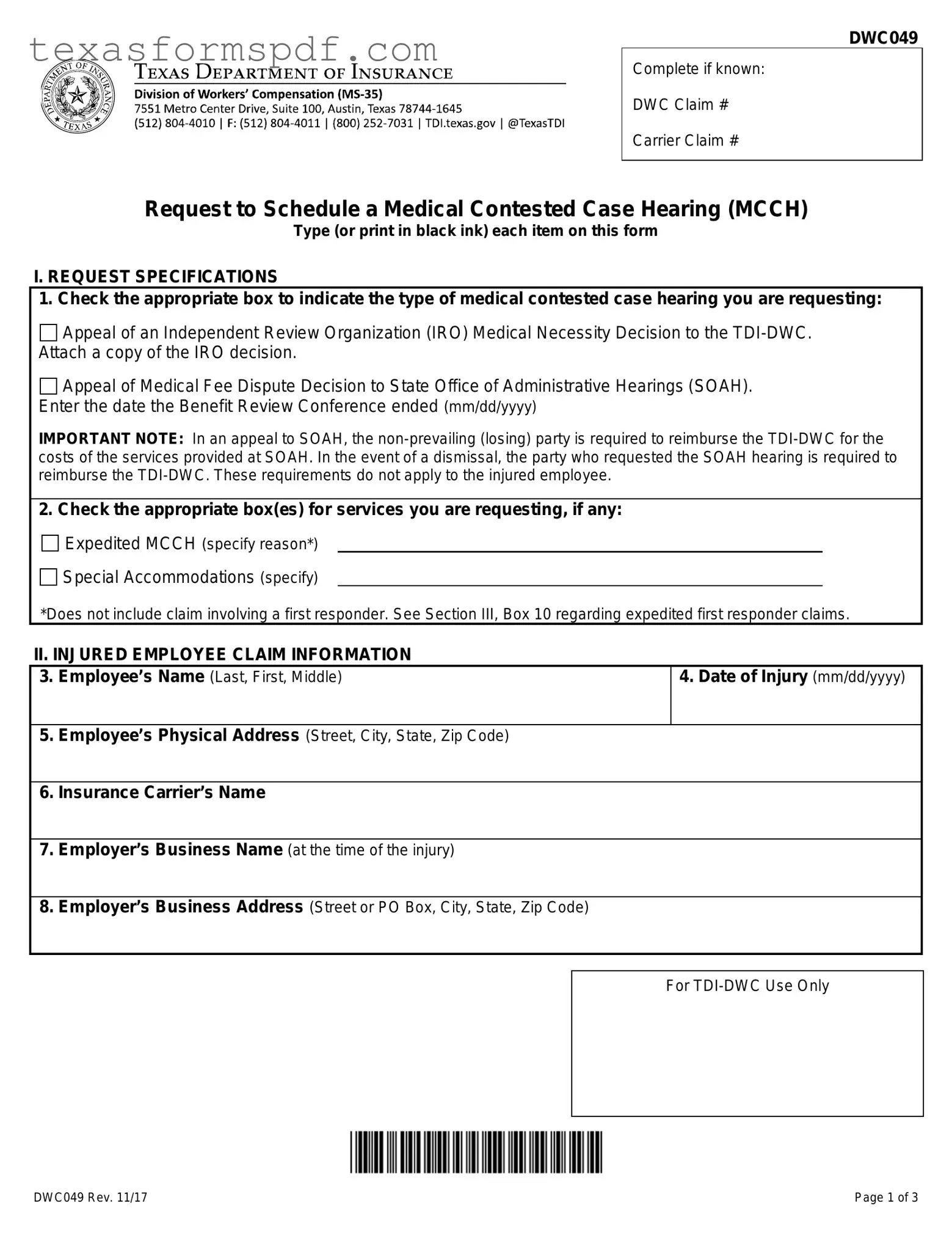 Texas Dwc049 Form in PDF