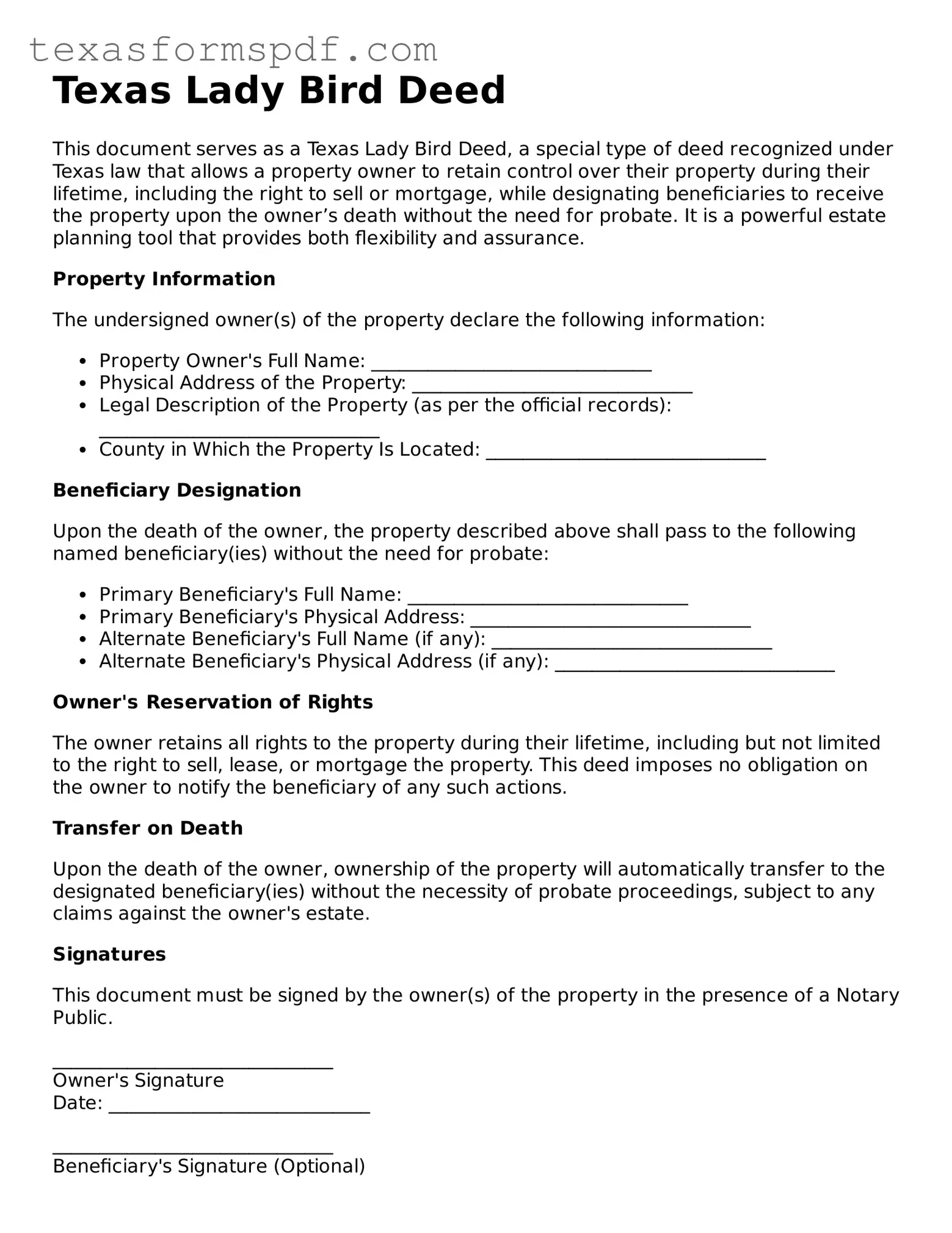 Legal Lady Bird Deed Document for the State of Texas