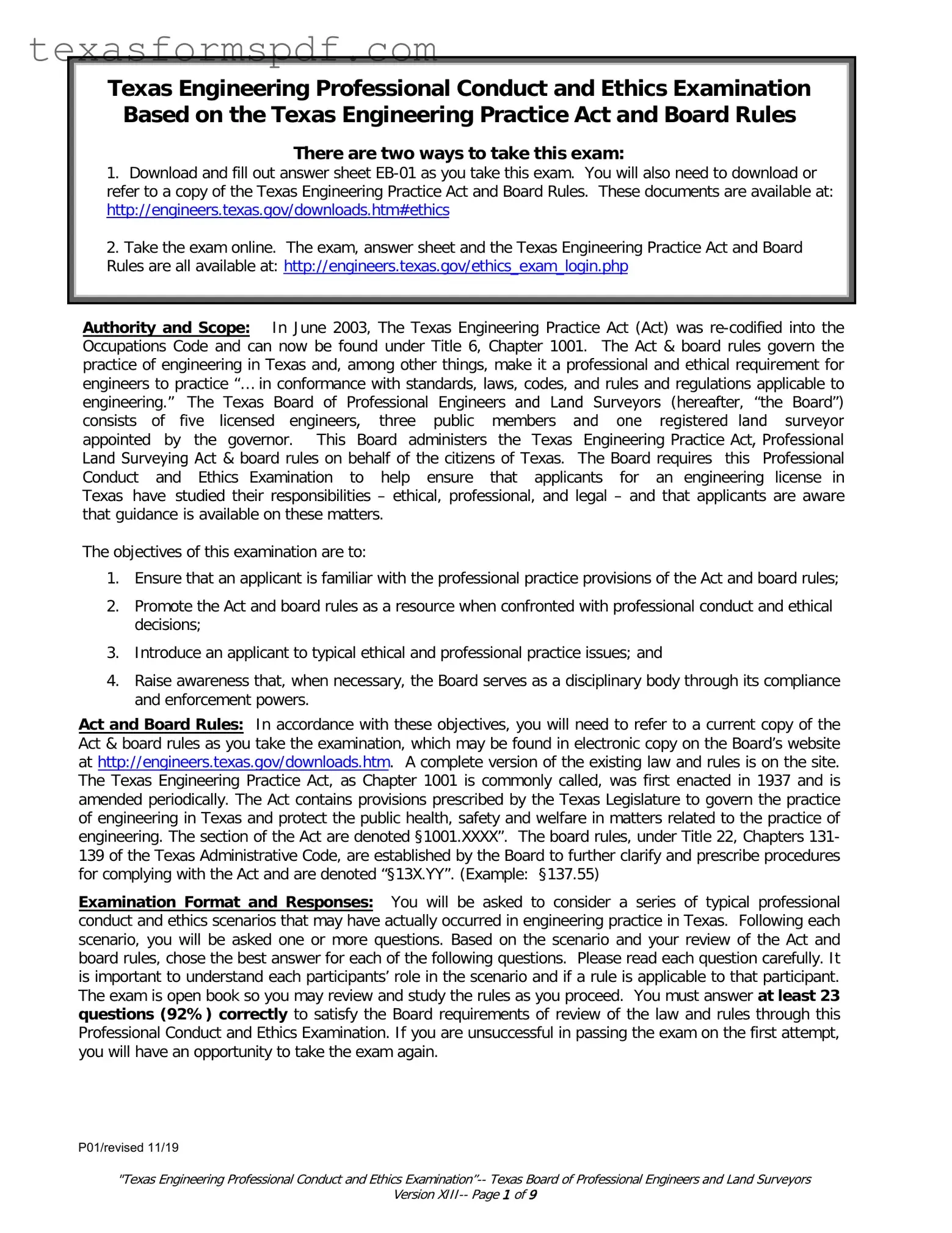 Texas Ethics Of Engineering Exam Form in PDF
