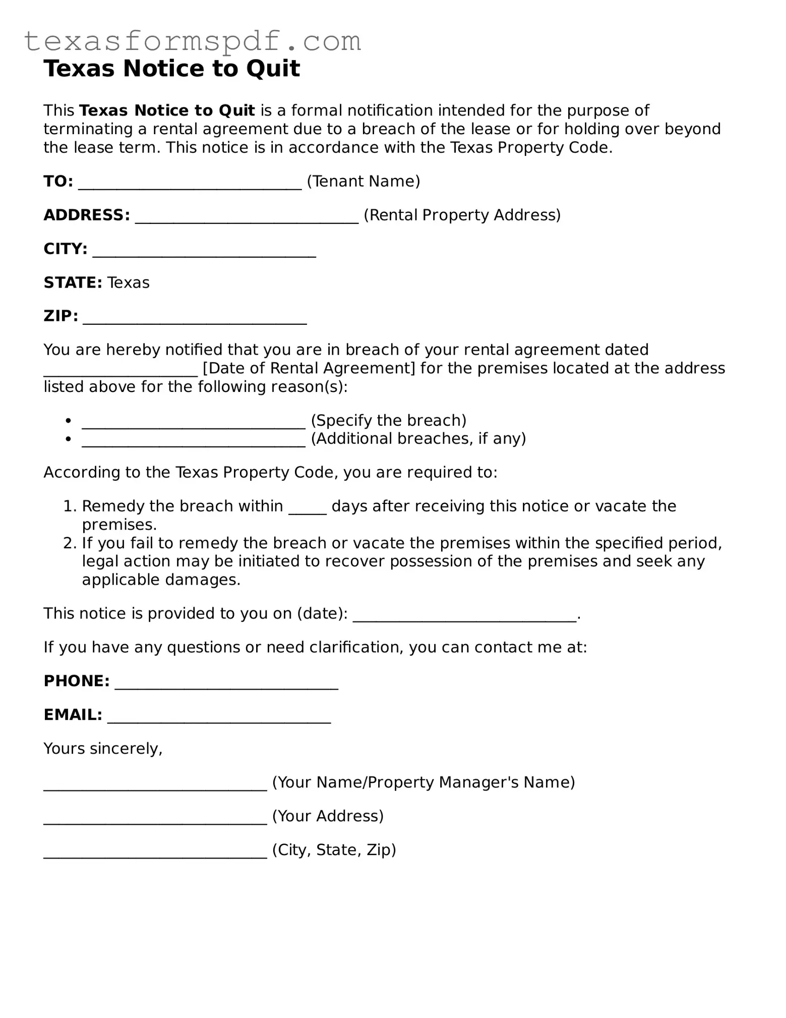 Legal Notice to Quit Document for the State of Texas