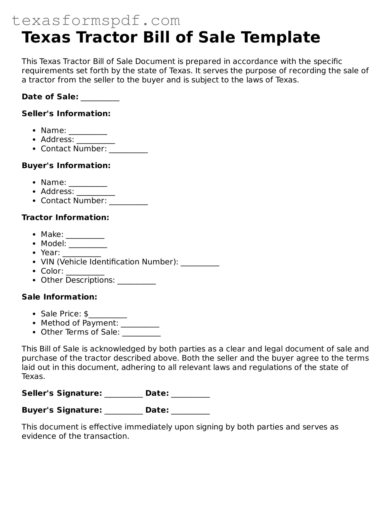 Legal Tractor Bill of Sale Document for the State of Texas