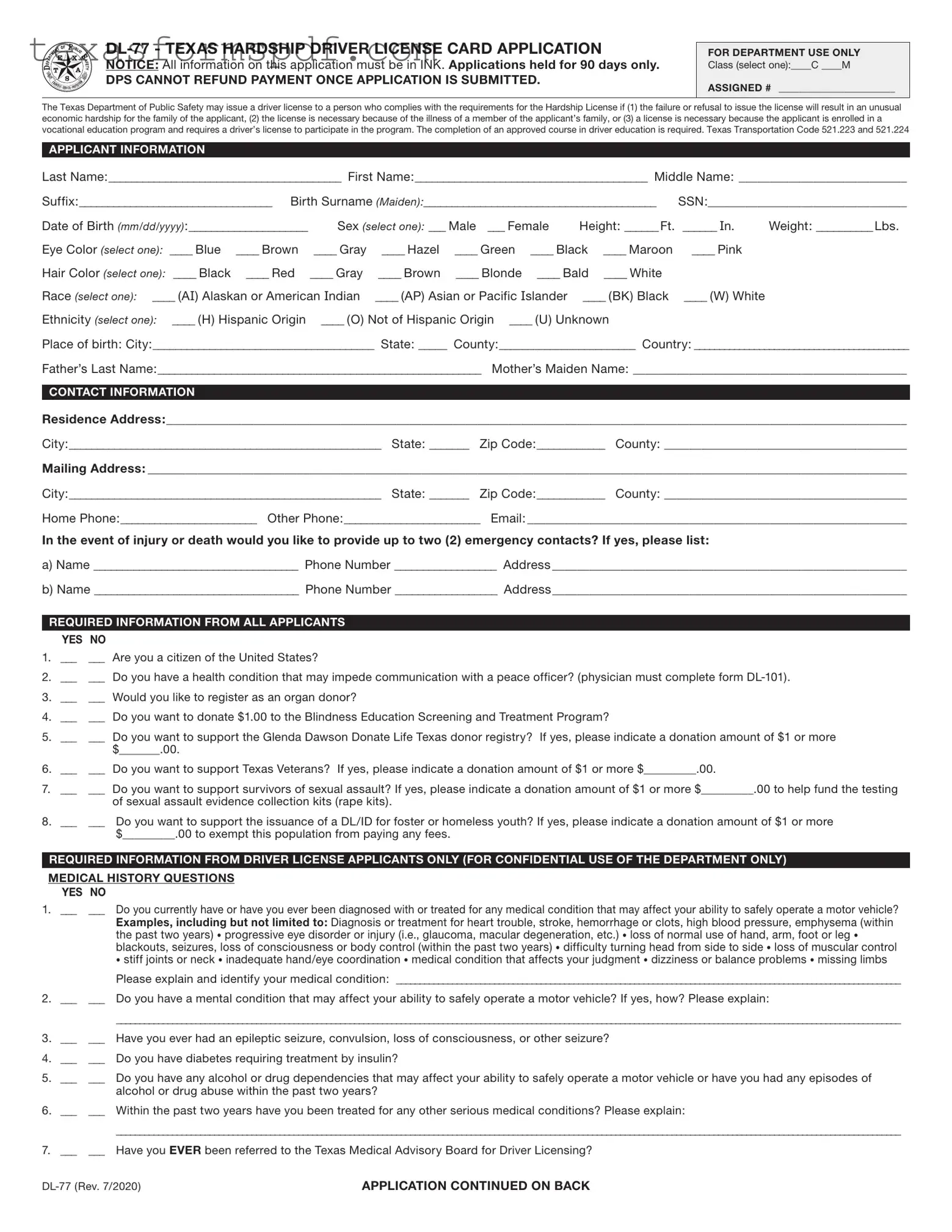 Texas From Dl 77 Form in PDF
