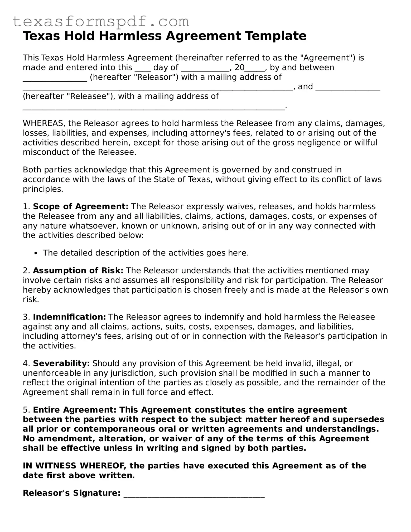 Legal Hold Harmless Agreement Document for the State of Texas