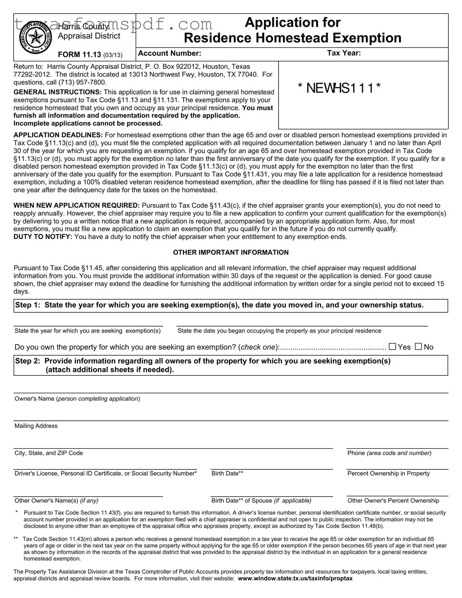 Texas Homestead Exemption Form in PDF