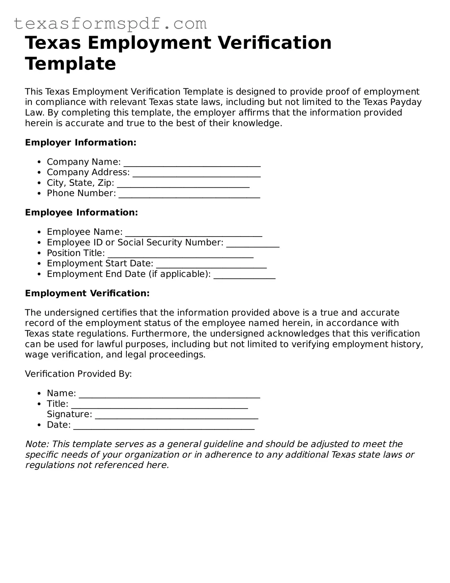 Legal Employment Verification Document for the State of Texas