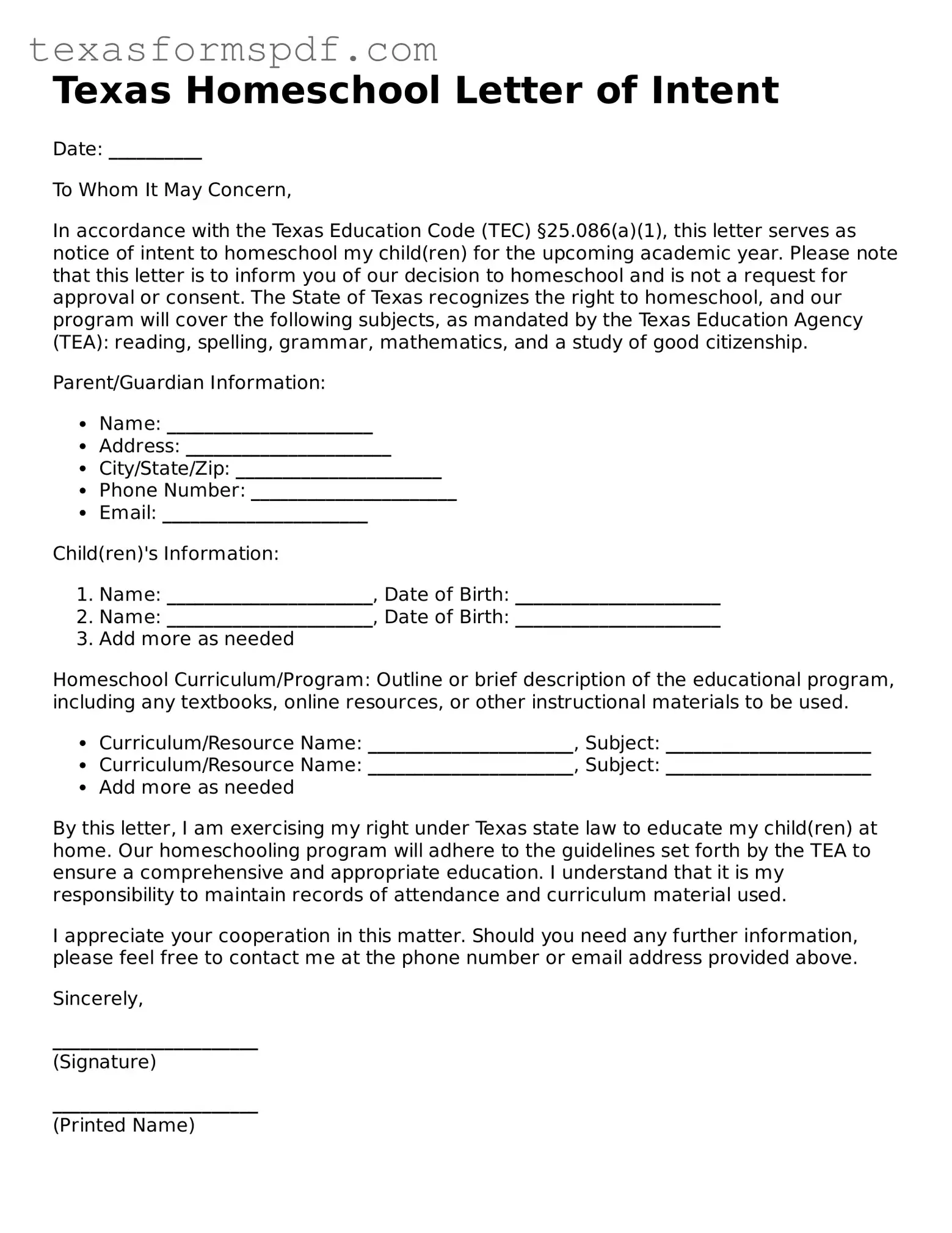 Legal Homeschool Letter of Intent Document for the State of Texas