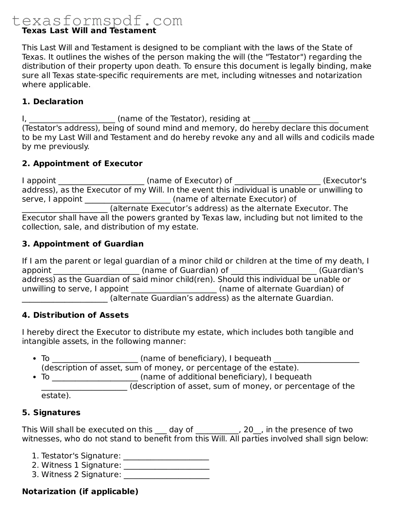 Legal Last Will and Testament Document for the State of Texas