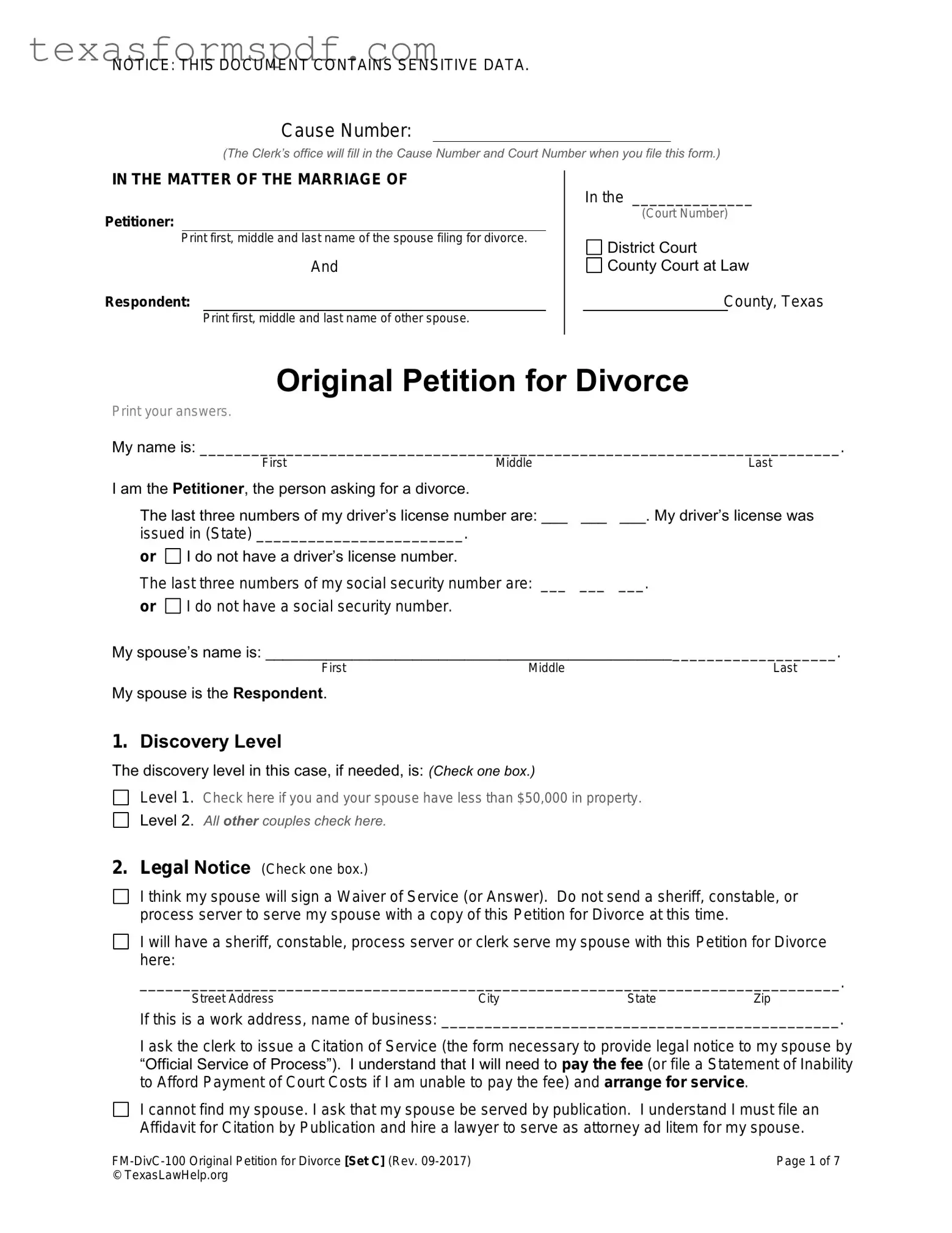 Texas Law Help FM-DivC-100 Original Petition for Divorce Set C Form in PDF