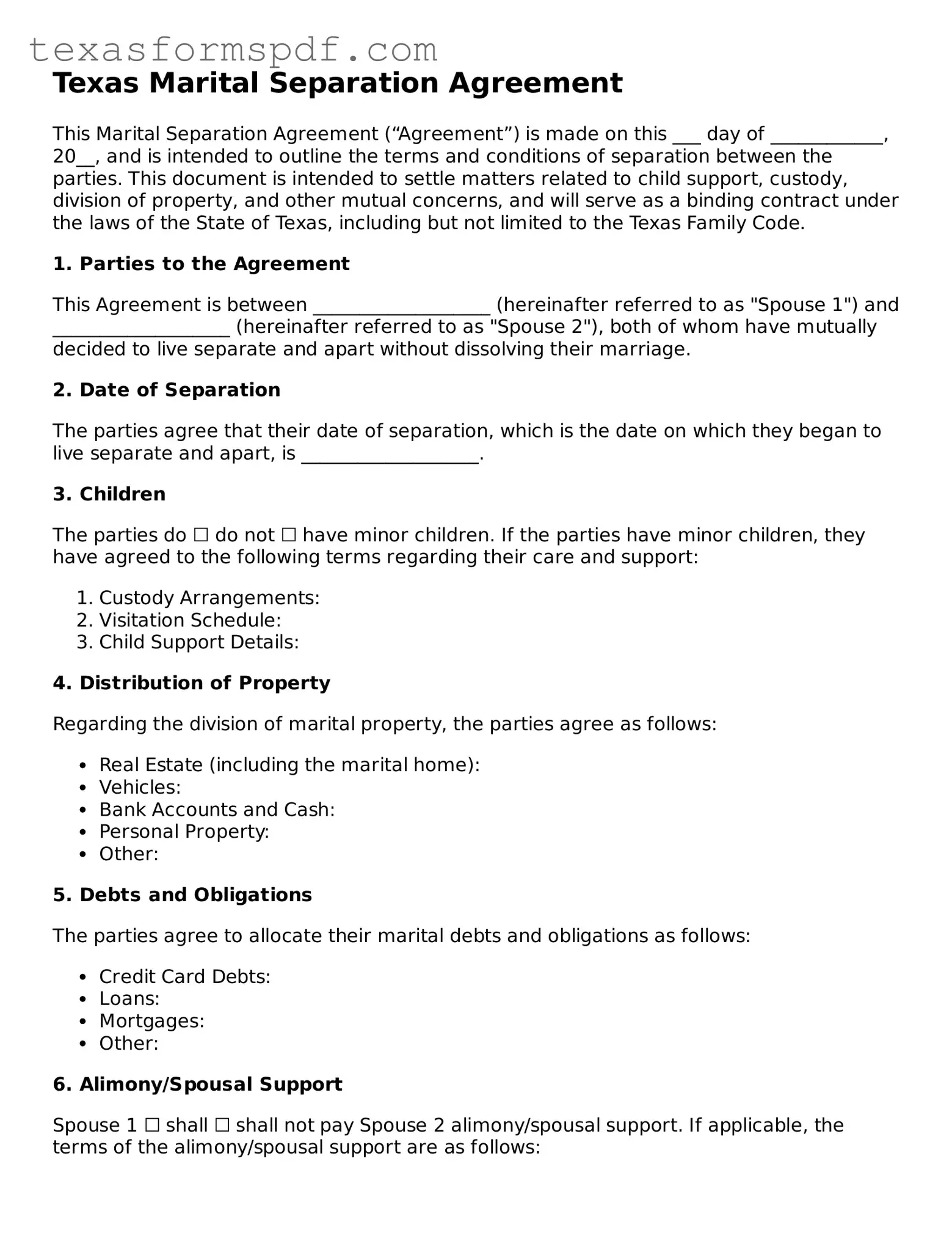 Legal Marital Separation Agreement Document for the State of Texas