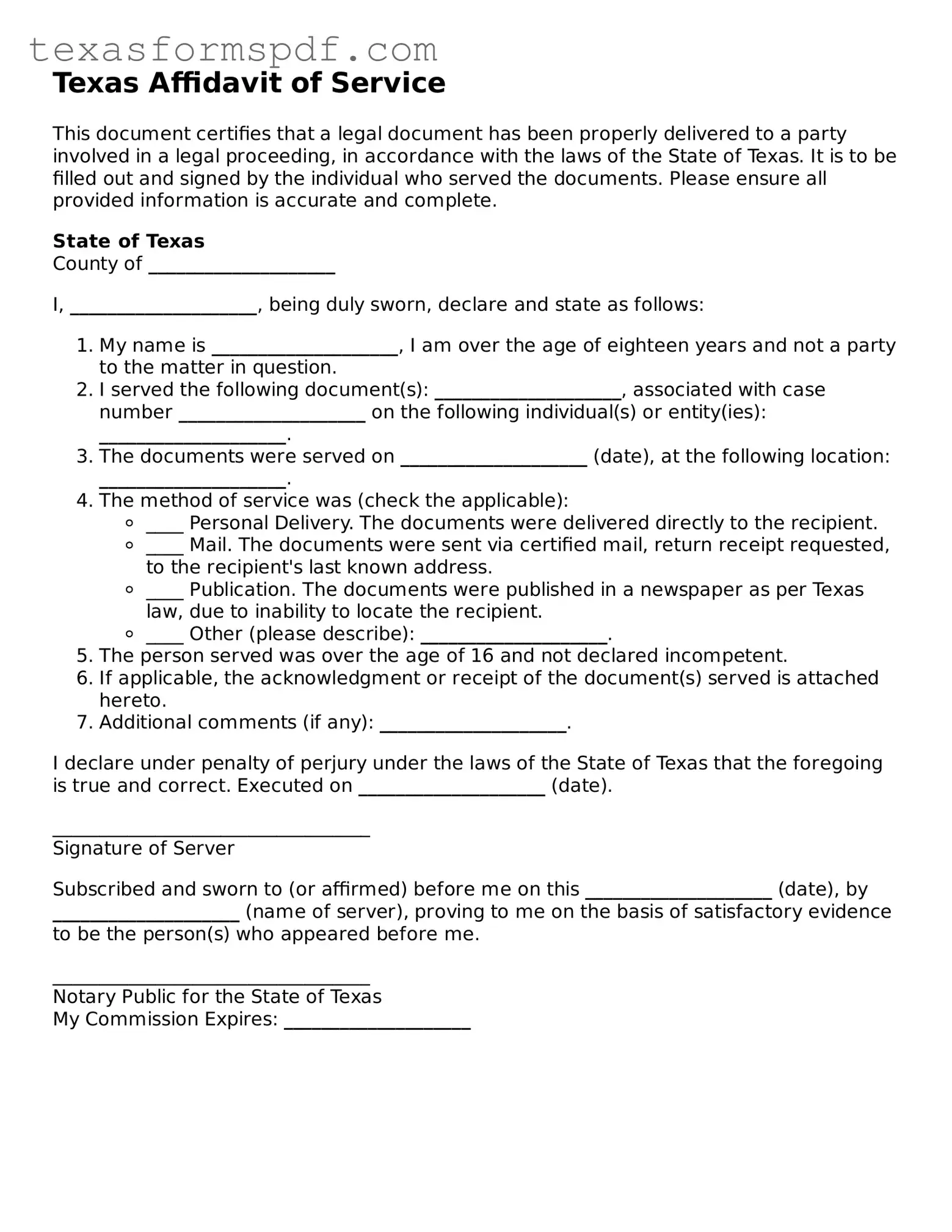 Legal Affidavit of Service Document for the State of Texas
