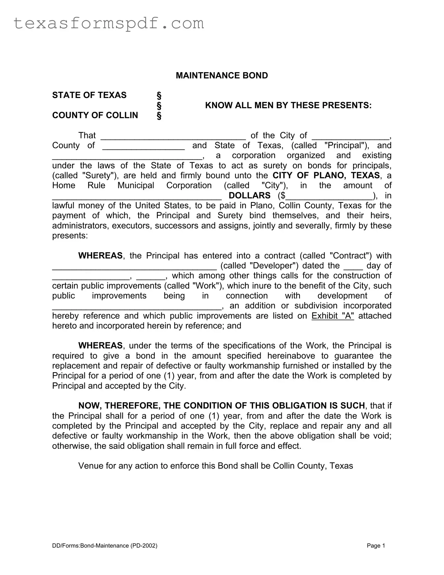 Texas Maintenance Bond Form in PDF