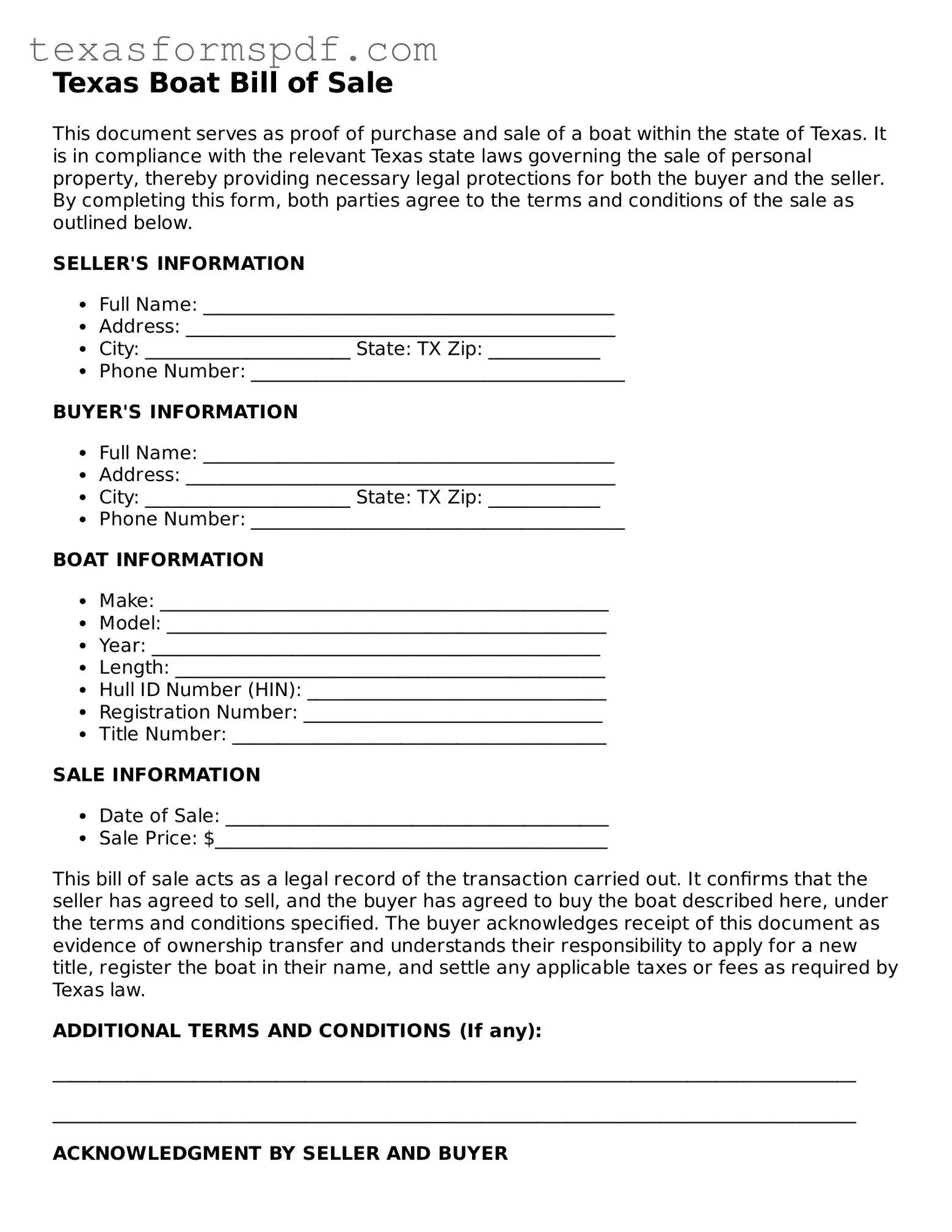 Legal Boat Bill of Sale Document for the State of Texas